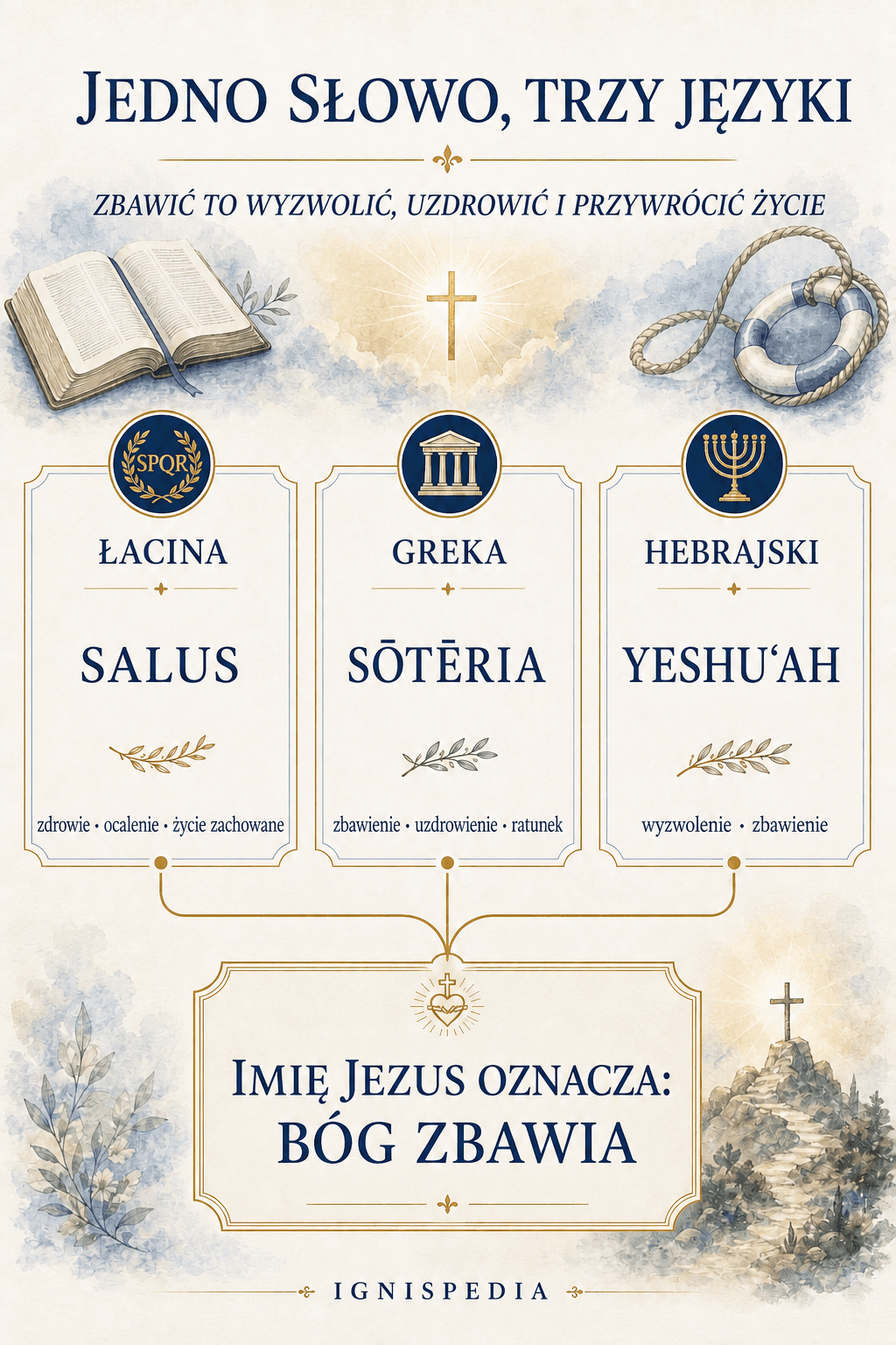 Infografika o etymologii słowa zbawienie w łacinie, grece i hebrajskim