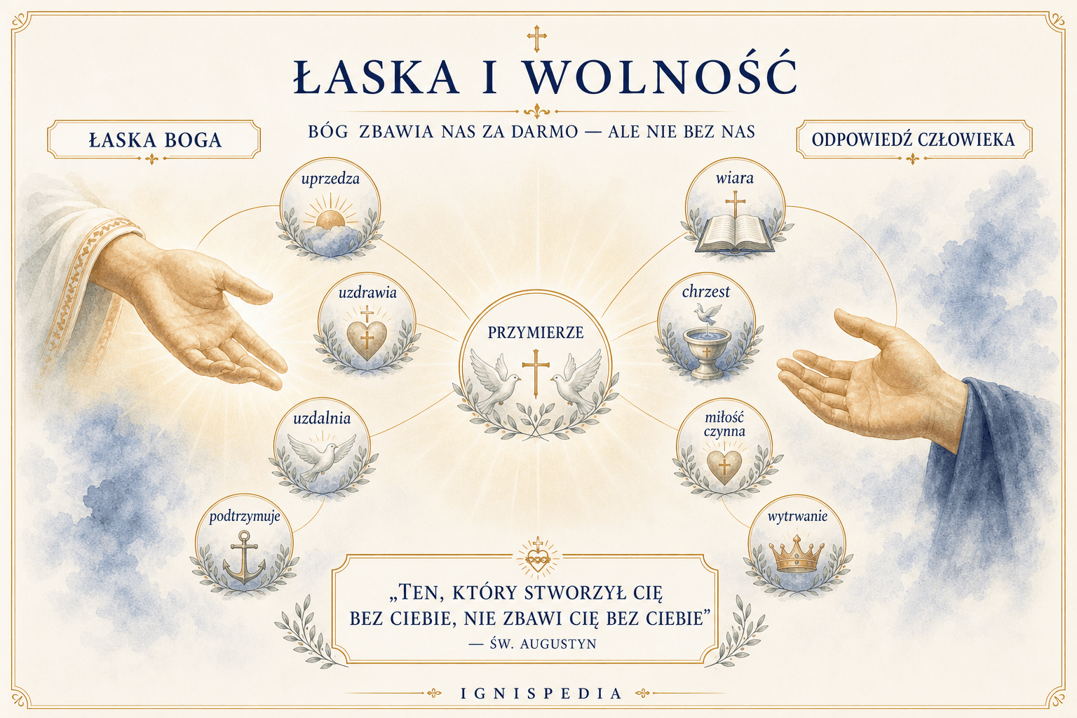 Infografika o pierwszej łasce Boga i wolnej odpowiedzi człowieka