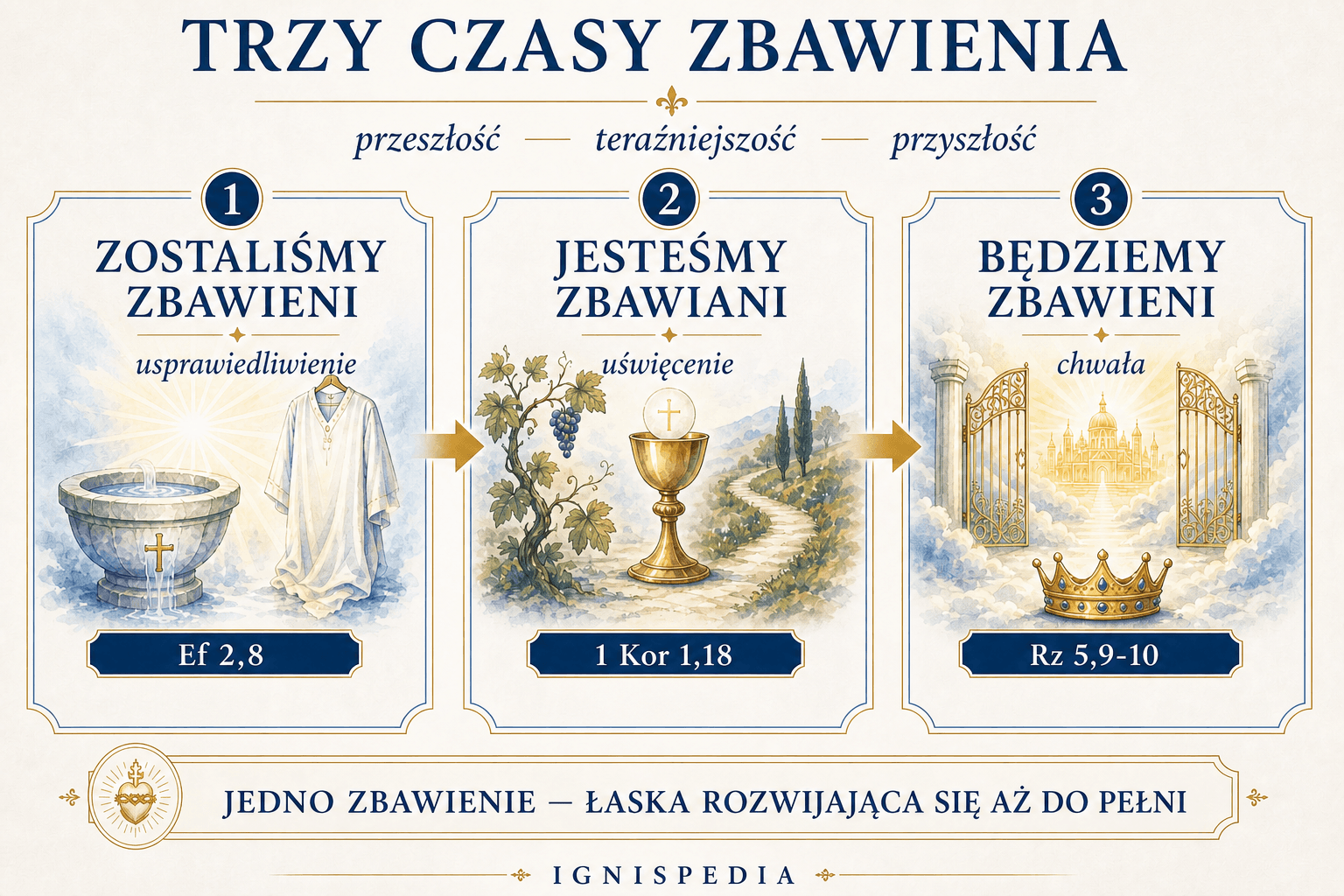 Infografika o trzech czasach zbawienia: przeszłość, teraźniejszość i przyszłość