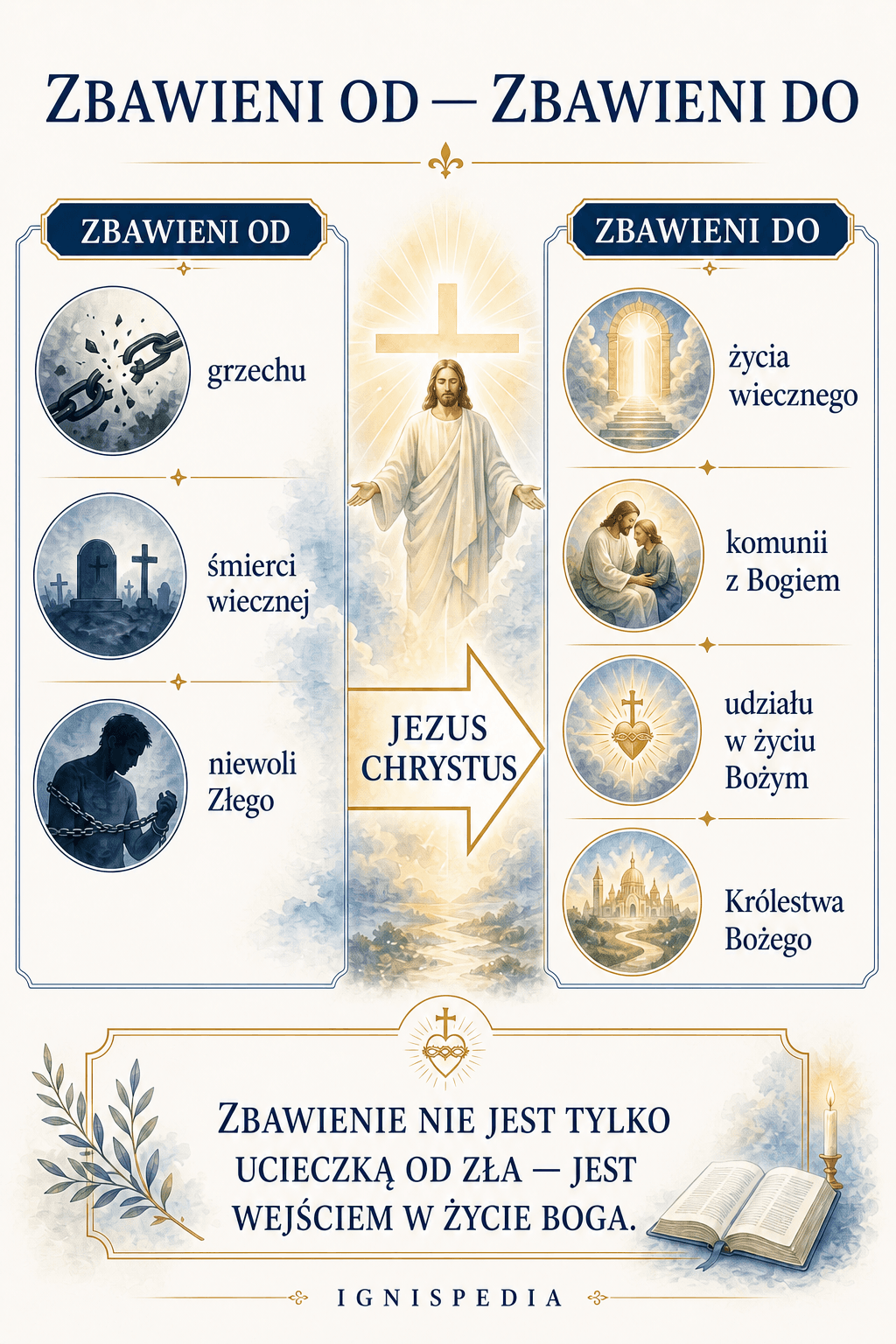 Infografika Zbawieni od, zbawieni dla: od grzechu, śmierci i Złego ku życiu wiecznemu w Bogu