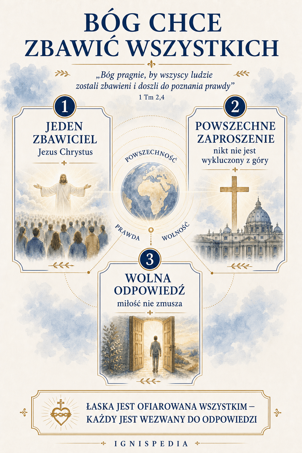 Infografika o powszechności zbawienia: Bóg chce zbawić wszystkich ludzi przez Chrystusa, nie naruszając wolności