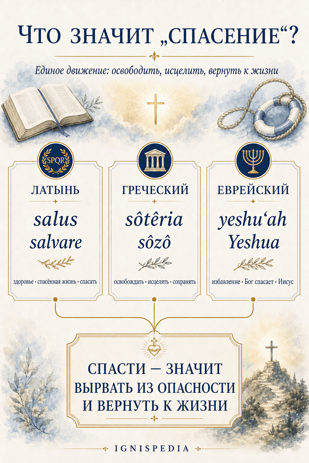 Инфографика по этимологии слова спасение на латинском, греческом и еврейском
