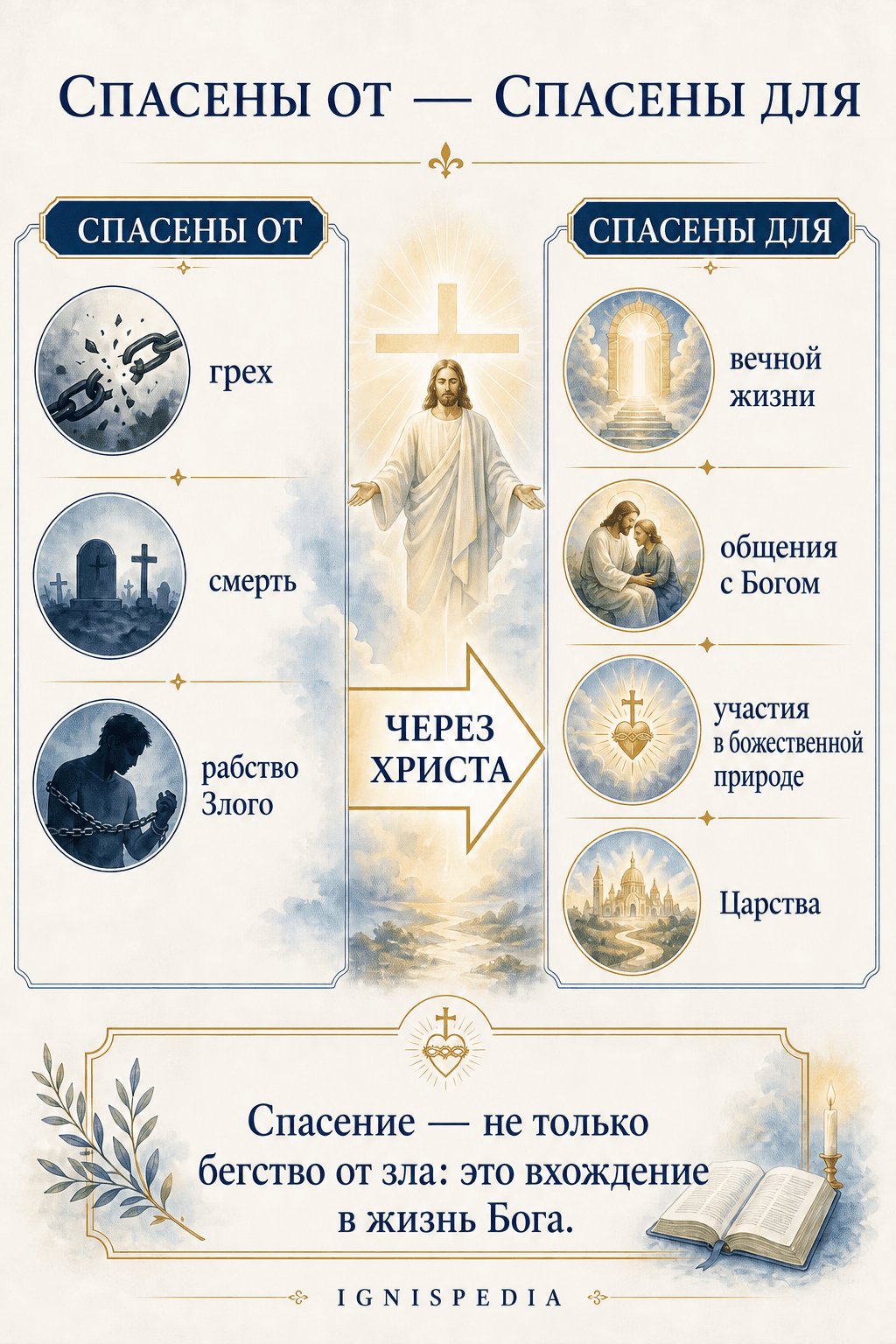 Инфографика Спасены от, спасены для: от греха, смерти и Злого к вечной жизни в Боге