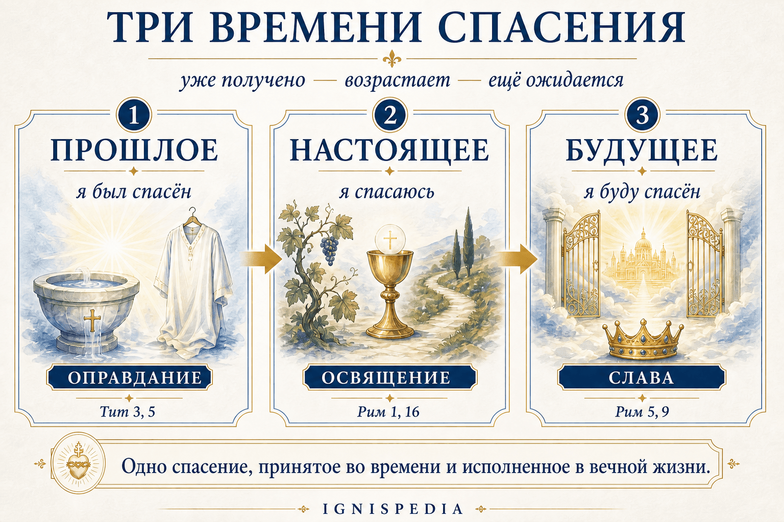 Инфографика о трёх временах спасения: прошлое, настоящее и будущее