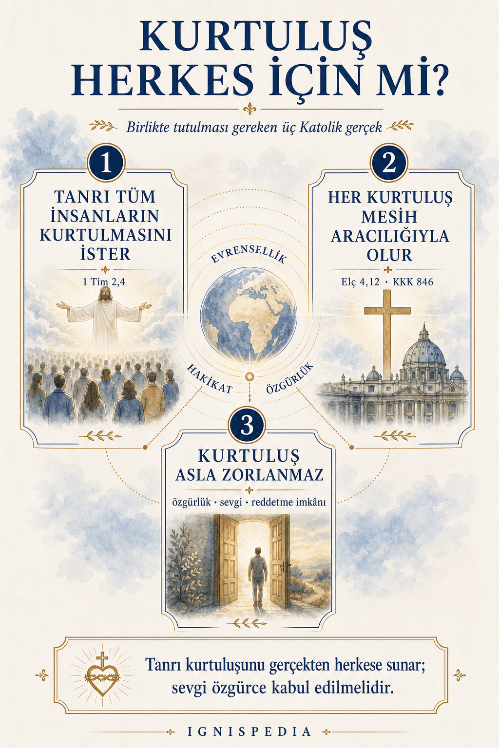 Kurtuluşun evrenselliği üzerine infografik: Tanrı herkesi Mesih aracılığıyla özgür iradeye saygı göstererek kurtarmak ister