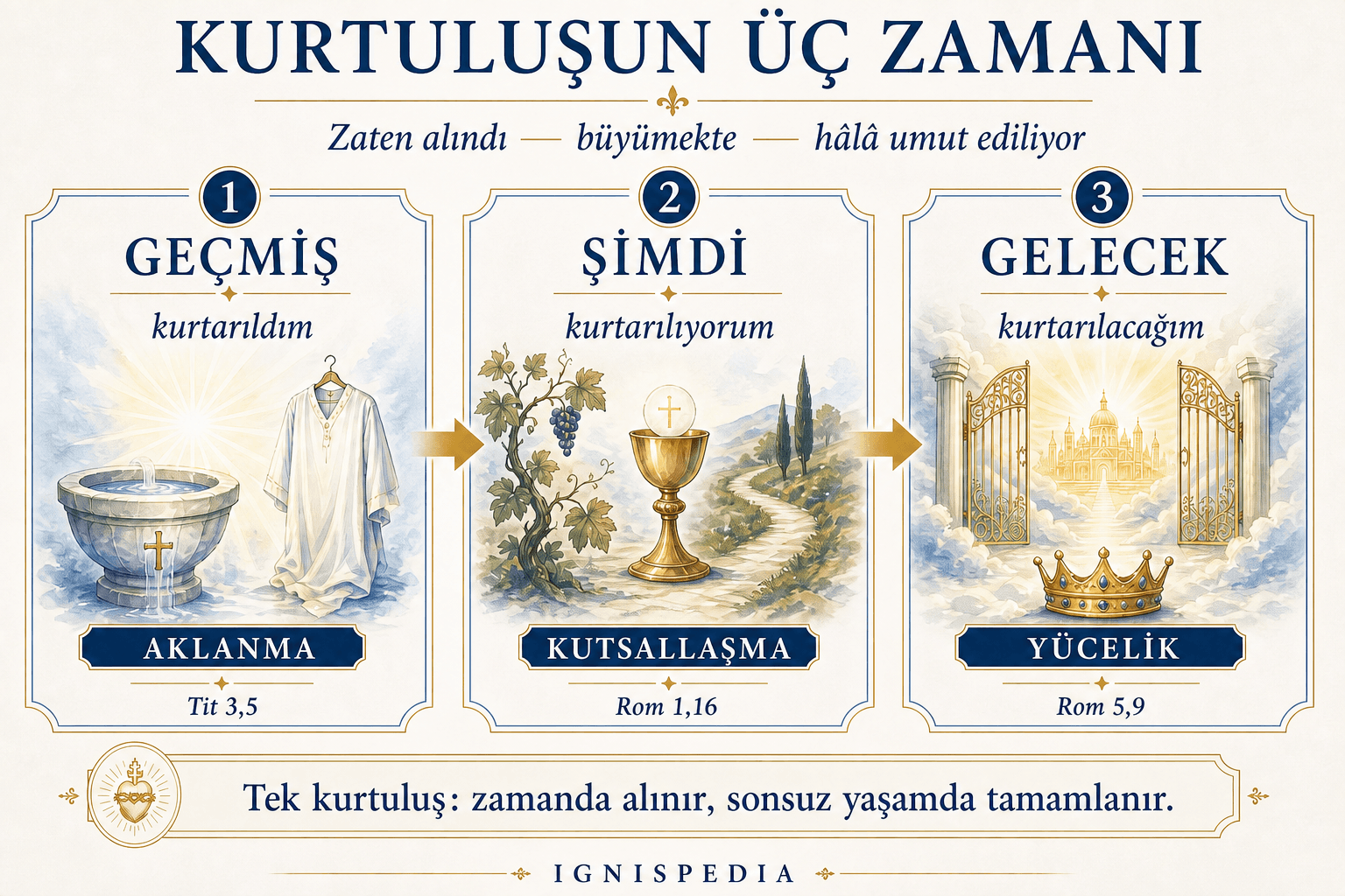 Kurtuluşun üç zamanı üzerine infografik: geçmiş, şimdi ve gelecek