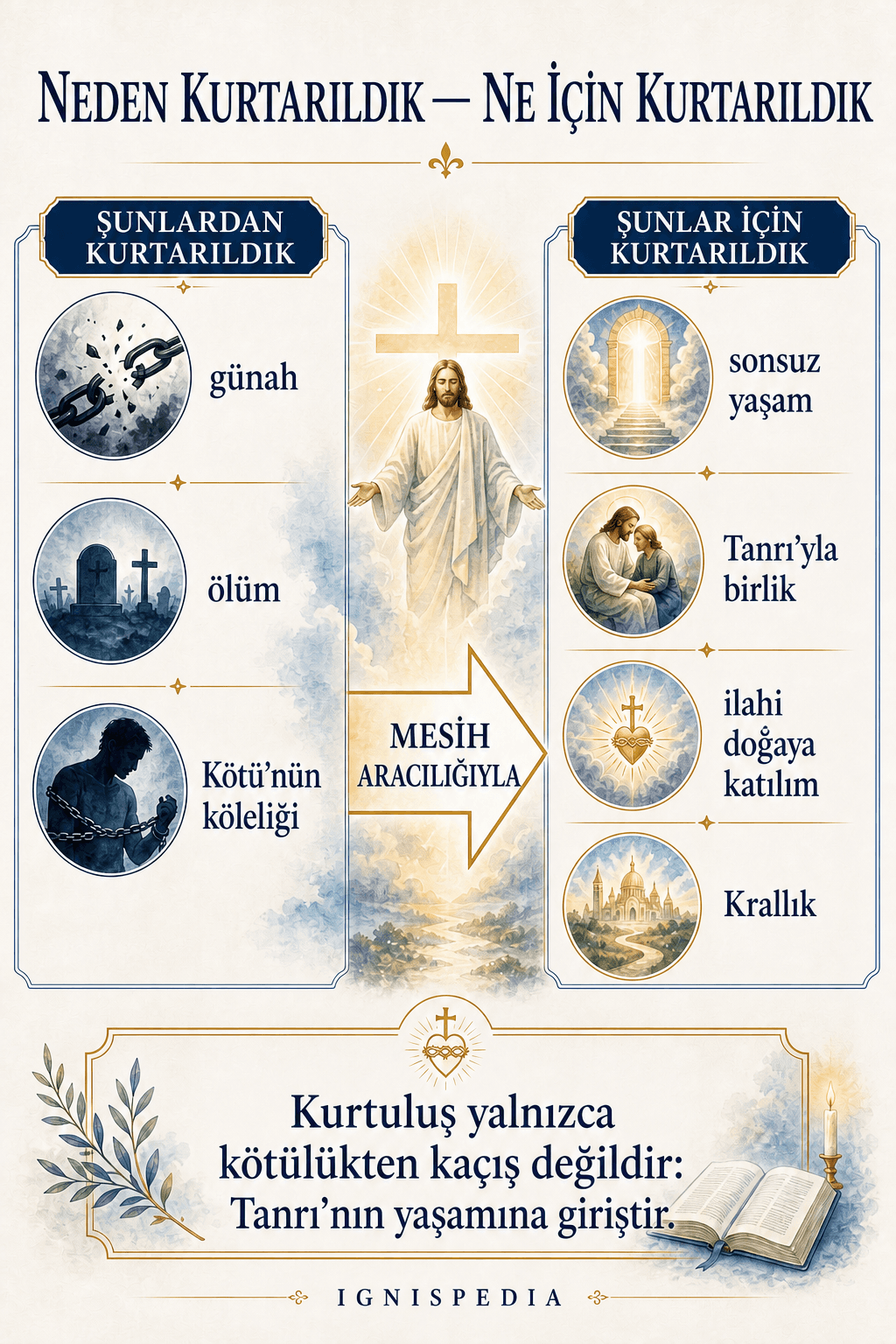 Günah, ölüm ve Kötü’den kurtulup Tanrı’da sonsuz yaşama doğru infografik