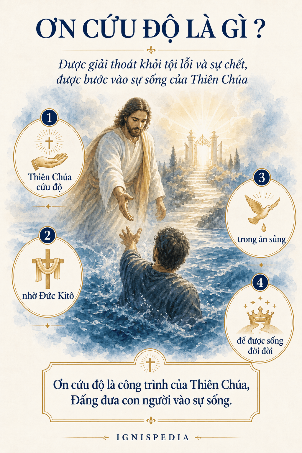 Chúa Kitô Cứu Thế chìa tay ra với con người được kéo lên khỏi nước — ơn cứu độ là giải thoát khỏi tội lỗi và sự chết và là ân ban sự sống thần linh
