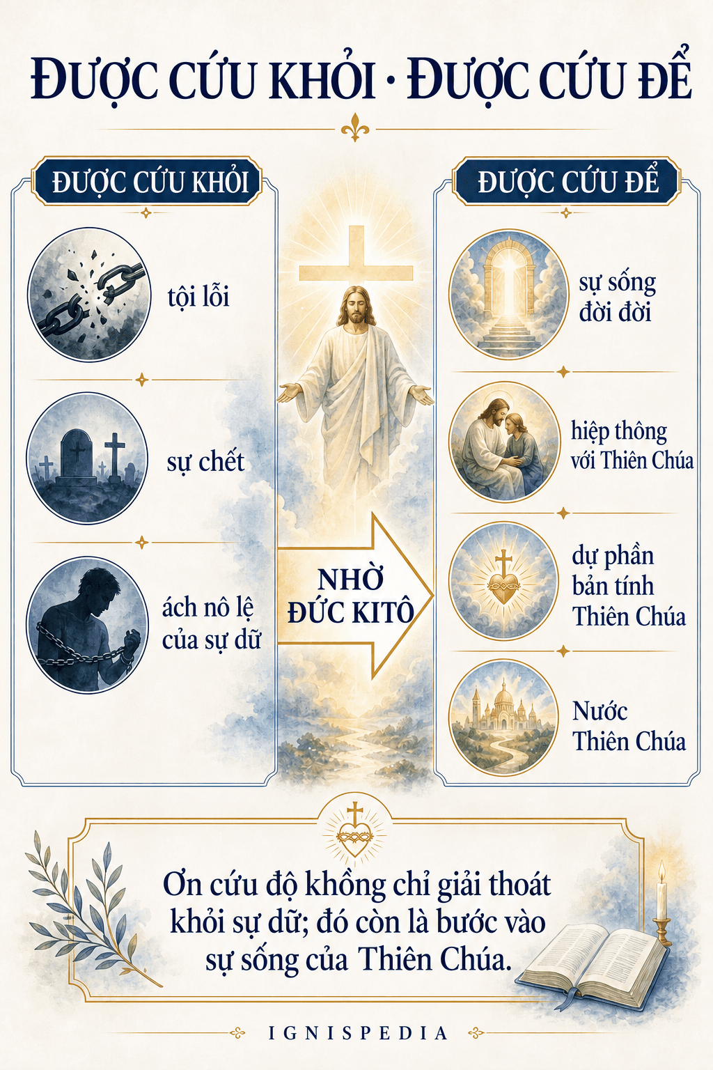 Đồ họa thông tin Được cứu khỏi, được cứu để: khỏi tội lỗi, sự chết và Ma Quỷ, hướng tới sự sống đời đời trong Thiên Chúa