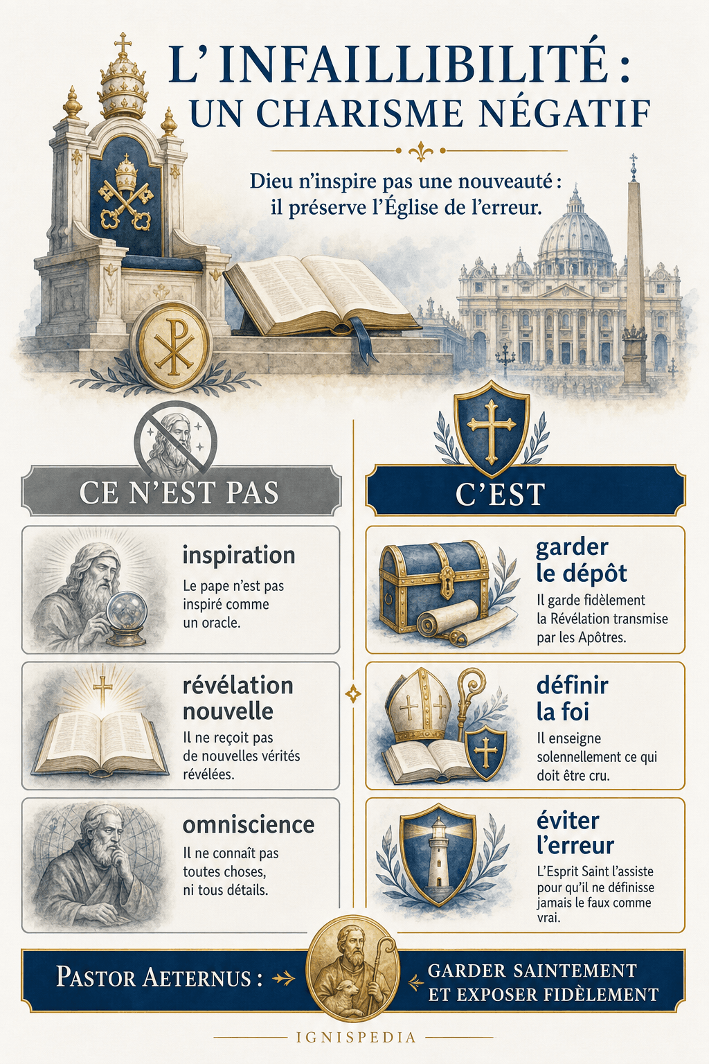 Infographie opposant deux conceptions : à gauche le faux portrait (oracle inspiré, jamais en faute), à droite la doctrine réelle (préservation de l'erreur dans la définition solennelle).
