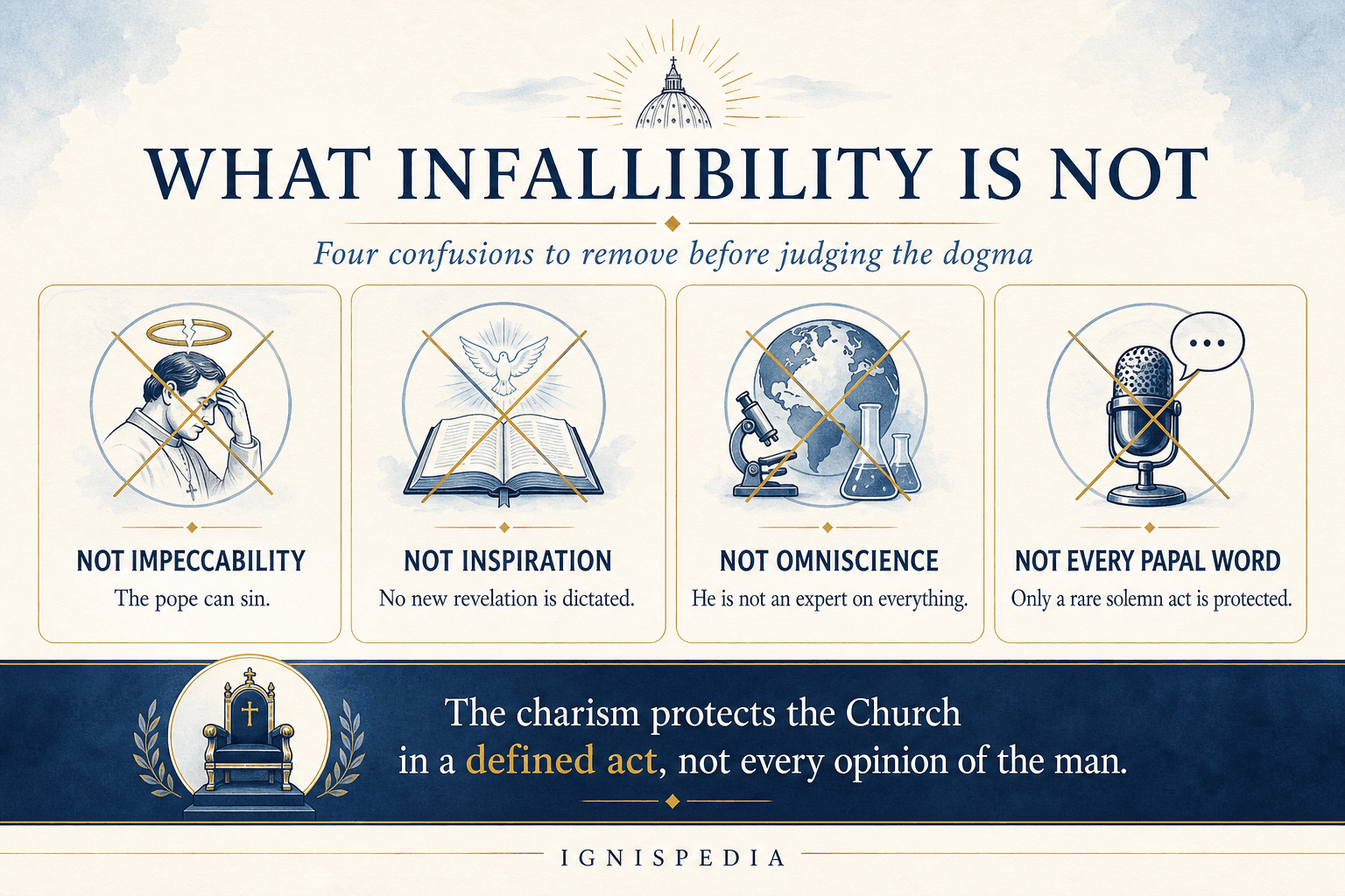 Infographic in four crossed-out cards: not impeccability, not inspiration, not omniscience, not every papal word — each corrected by a short definition.