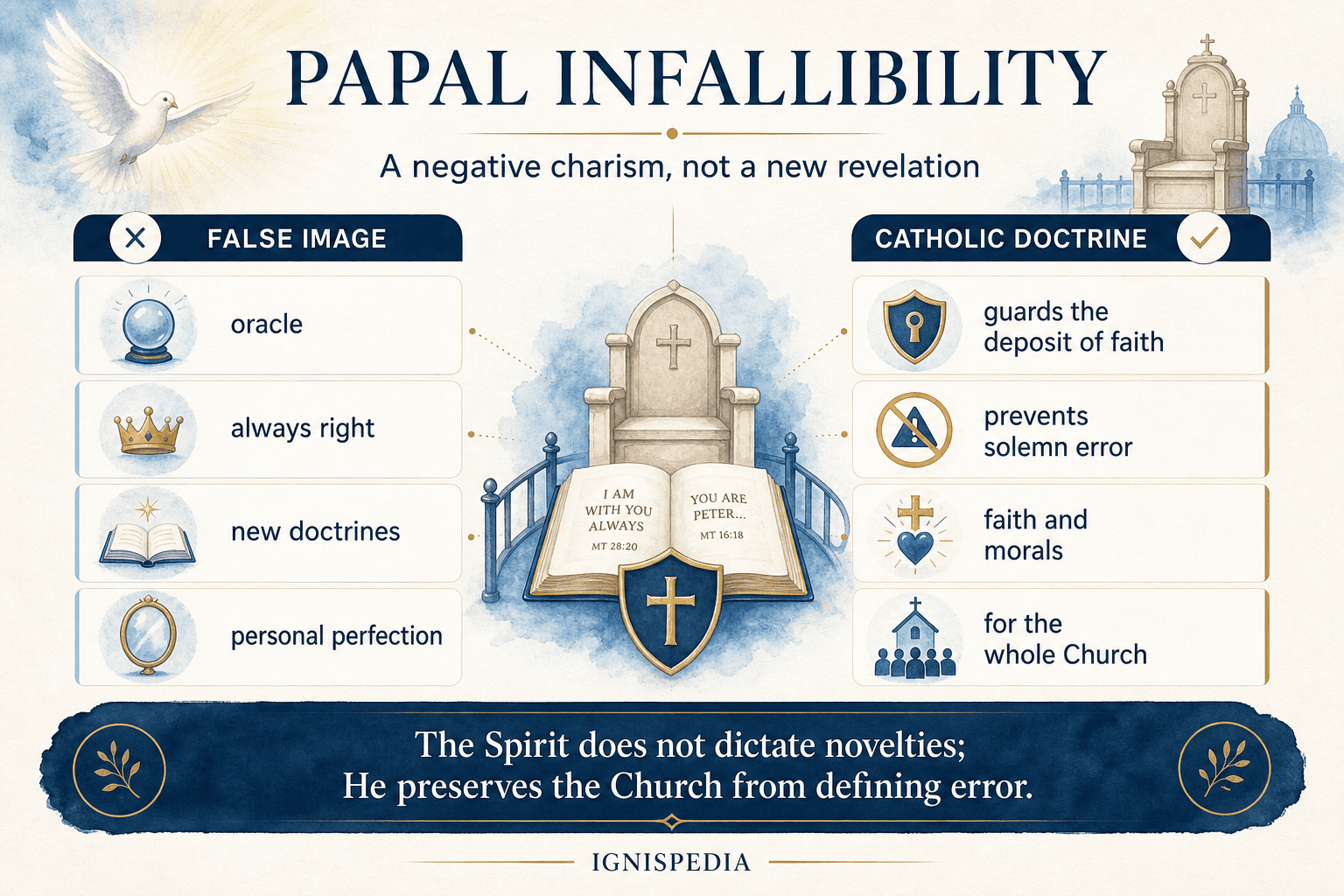Infographic contrasting two views: the false image (oracle, always right, new doctrines, personal perfection) and Catholic doctrine (guarding the deposit of faith, preventing solemn error, faith and morals, for the whole Church).