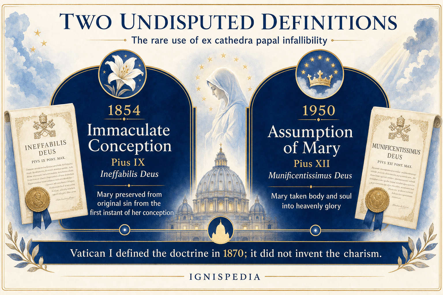 Infographic comparing the two undisputed ex cathedra definitions: 1854 Immaculate Conception (Pius IX) and 1950 Assumption of Mary (Pius XII), with date, pope, document, and formula.