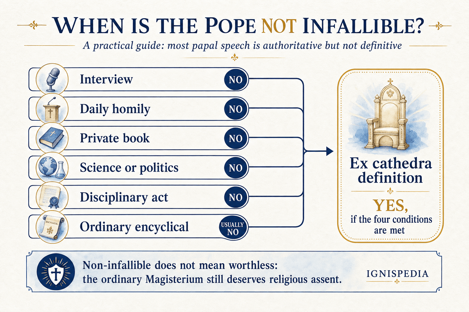 Decision-guide infographic explaining when a papal statement is not infallible and when it may belong to the ex cathedra category.