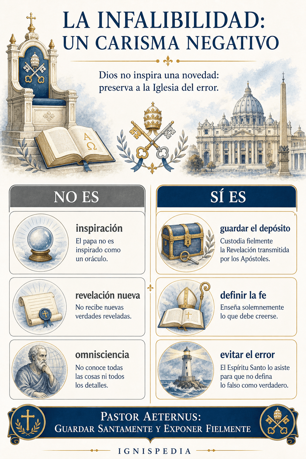 Infografía que opone dos concepciones: el falso retrato del papa como oráculo inspirado y la doctrina católica de la preservación del error en una definición solemne.