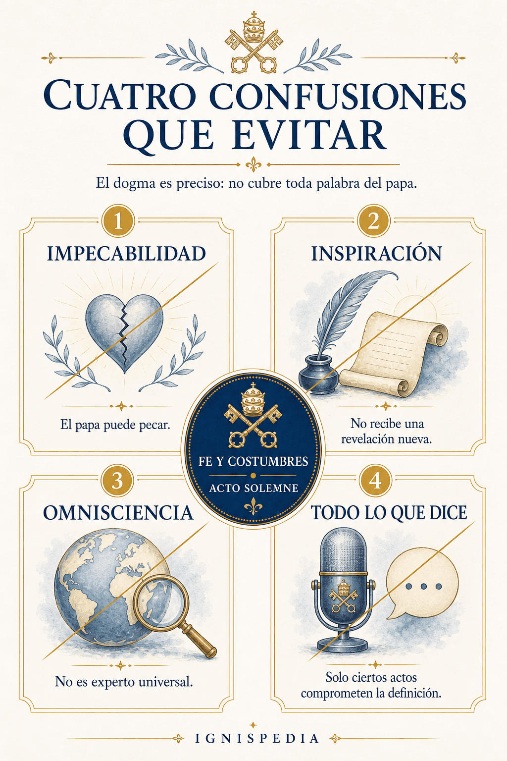 Infografía en cuatro tarjetas tachadas: impecabilidad, inspiración, omnisciencia y todo lo que dice el papa, cada una corregida por una breve definición.