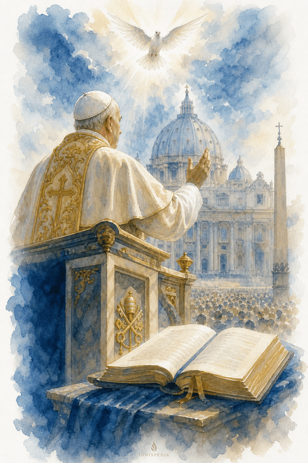 Der Papst, der feierlich eine Glaubenswahrheit vom Stuhl Petri definiert, unterstützt vom Heiligen Geist — Aquarellillustration.