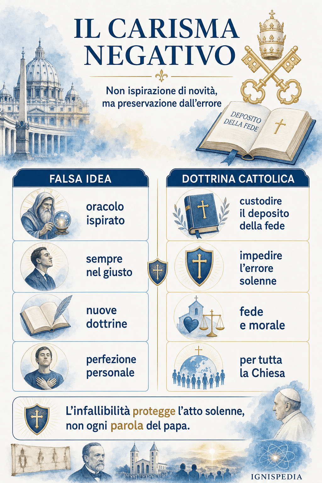 Infografica che contrappone due concezioni: il falso ritratto del papa come oracolo ispirato e la dottrina cattolica della preservazione dall'errore in una definizione solenne.