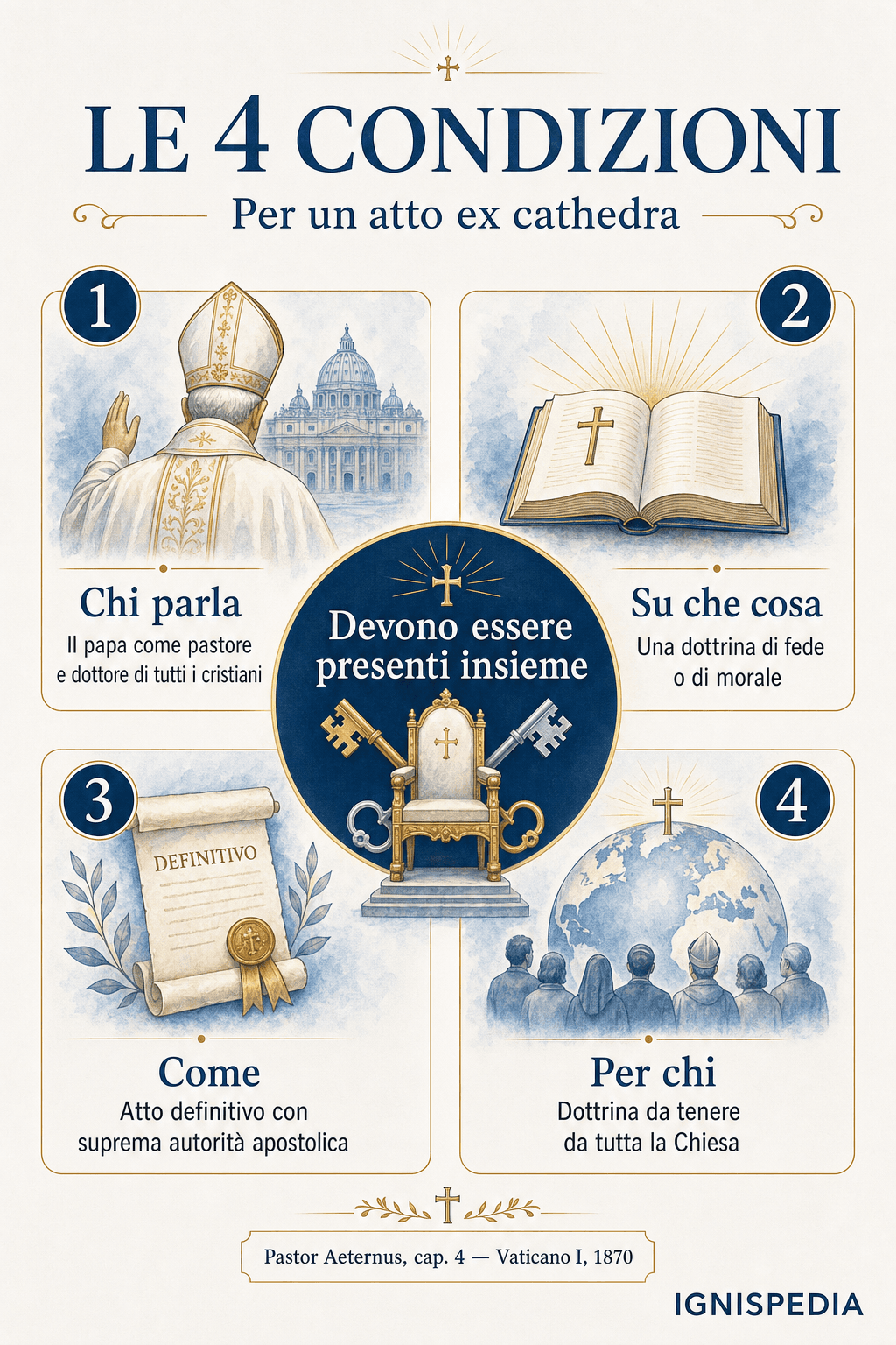 Infografica che presenta le quattro condizioni cumulative dell'atto ex cathedra: chi parla, su che cosa, come e per chi, con l'indicazione che le quattro devono essere presenti insieme.