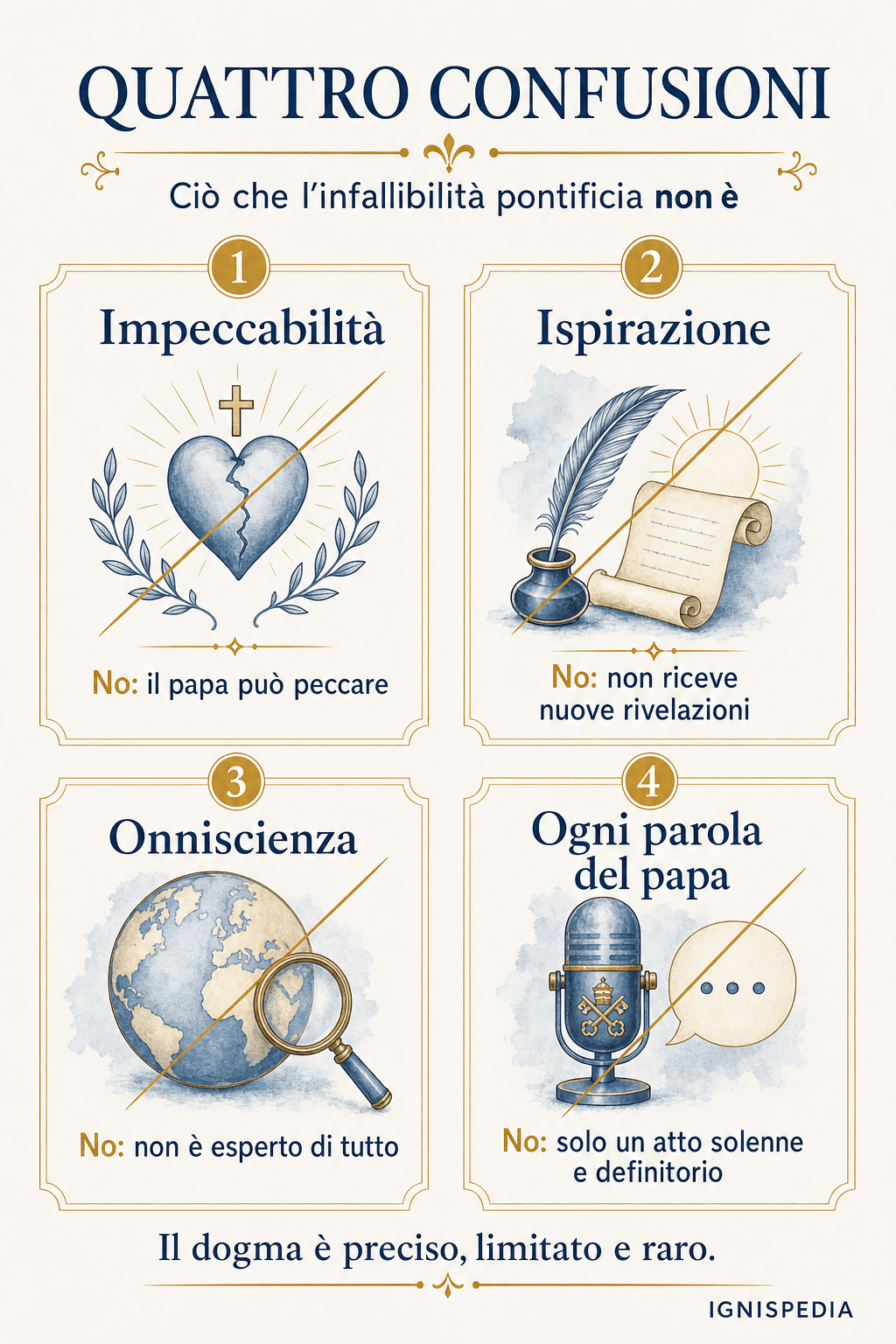 Infografica in quattro schede barrate: impeccabilità, ispirazione, onniscienza e ogni parola del papa, ciascuna corretta da una breve definizione.