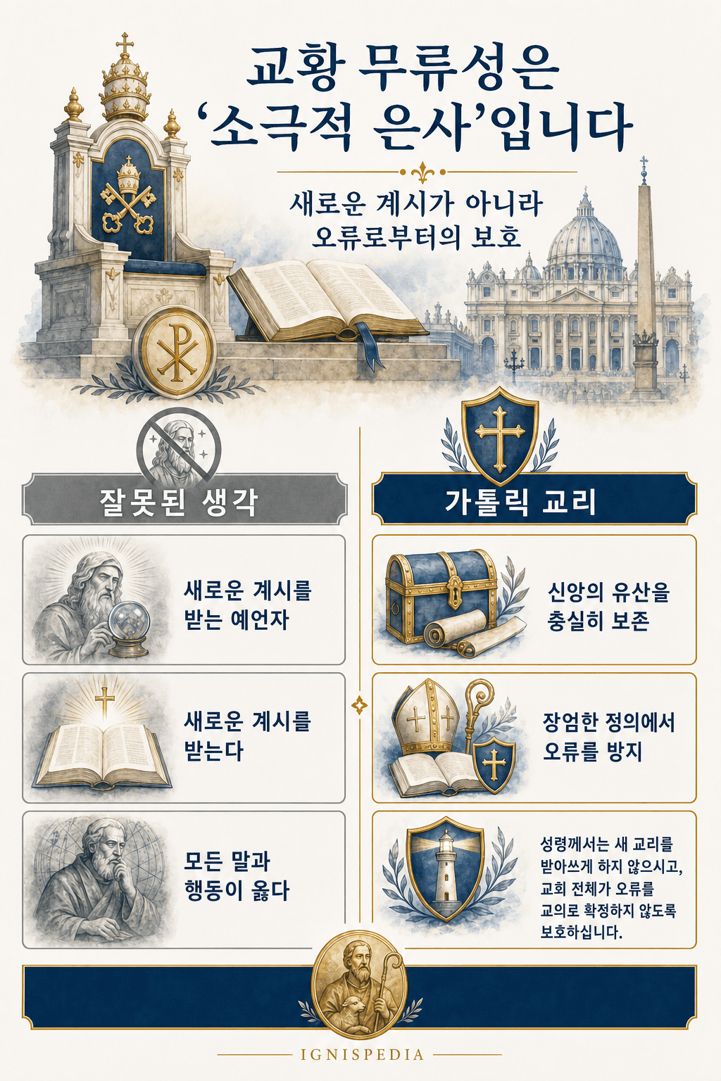 교황 무류성을 새로운 계시나 모든 행동의 정당화와 구별하고, 장엄한 정의에서 오류로부터 보호받는 은사로 설명하는 한국어 인포그래픽.