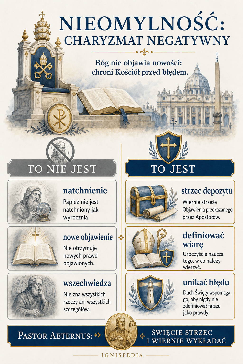 Infografika przeciwstawiająca dwie koncepcje: fałszywy obraz papieża jako natchnionej wyroczni oraz naukę katolicką o zachowaniu od błędu w uroczystej definicji.