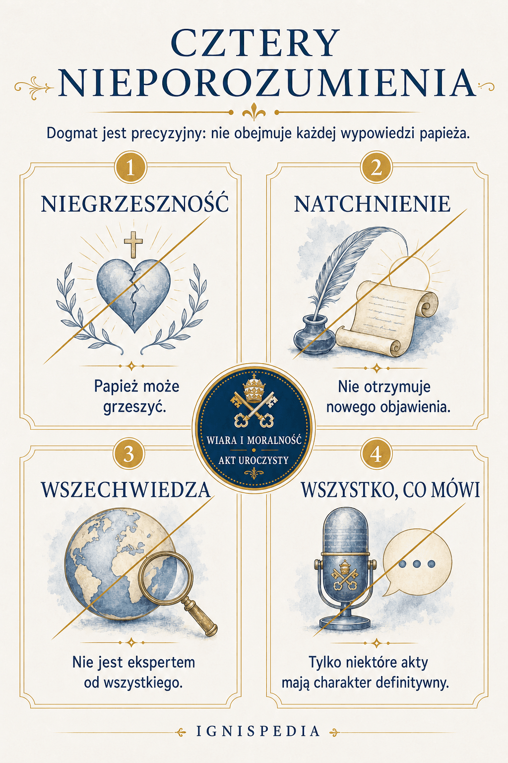 Infografika w czterech przekreślonych kartach: bezgrzeszność, natchnienie, wszechwiedza i wszystko, co mówi papież — każda pomyłka skorygowana krótką definicją.