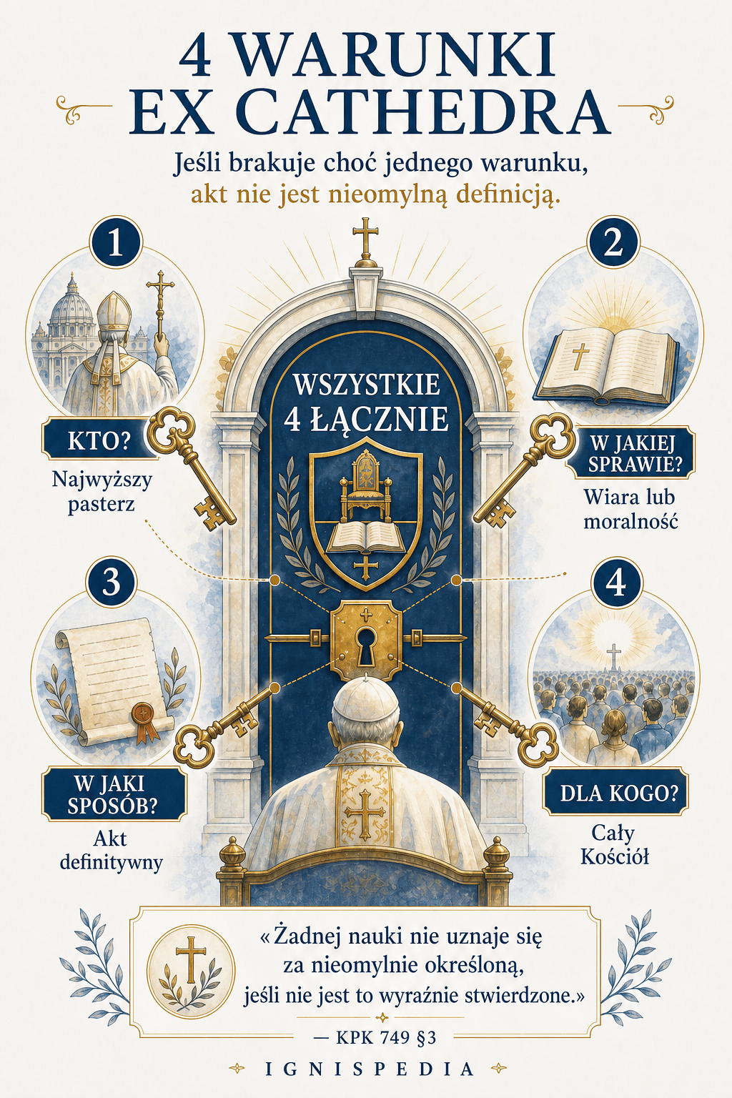 Infografika przedstawiająca cztery łączne warunki aktu ex cathedra: kto mówi, w jakiej sprawie, w jaki sposób i dla kogo.