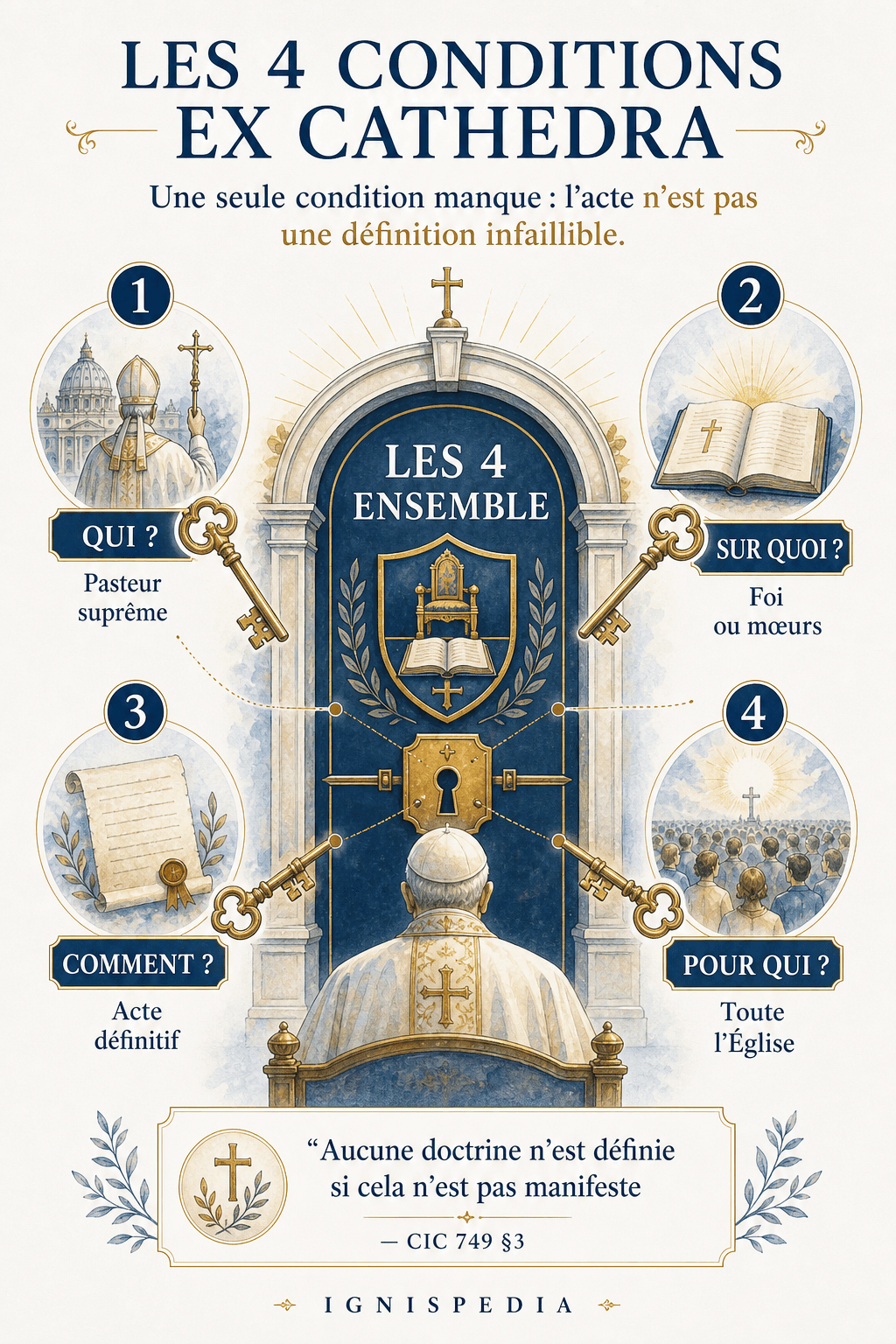 Infographie présentant les quatre conditions cumulatives de l'acte ex cathedra : qui parle, sur quoi, comment, pour qui — avec pictogrammes et la mention que les quatre doivent être réunies simultanément.