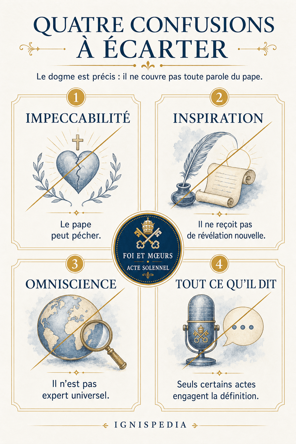 Infographie en quatre cartes barrées : impeccabilité, inspiration, omniscience, « tout ce que dit le pape » — chacune marquée d'une croix et corrigée par une courte définition.