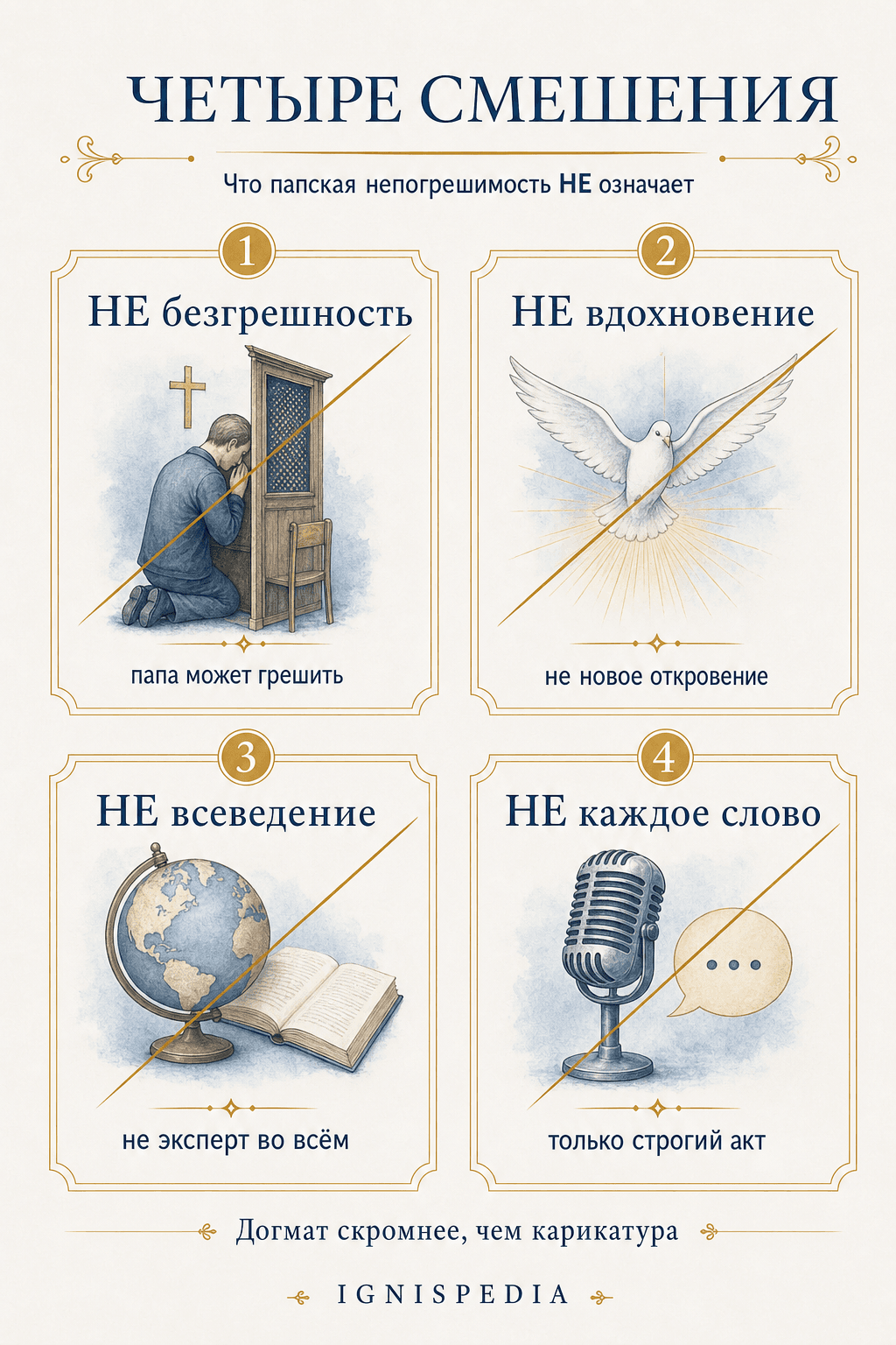 Инфография в четырех перечеркнутых карточках: не безгрешность, не вдохновение, не всеведение, не каждое слово папы — каждое смешение исправлено краткой формулой.