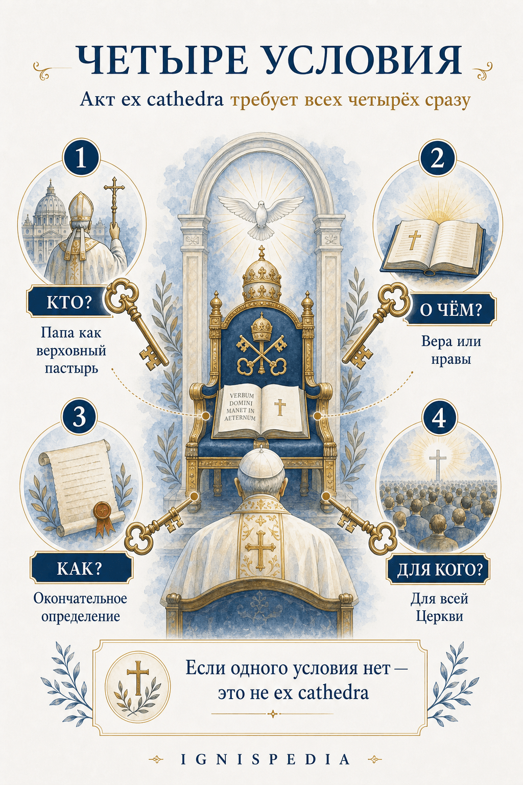 Инфография представляет четыре совокупных условия акта ex cathedra: кто говорит, о чем, как и для кого, с указанием, что все четыре должны быть выполнены одновременно.