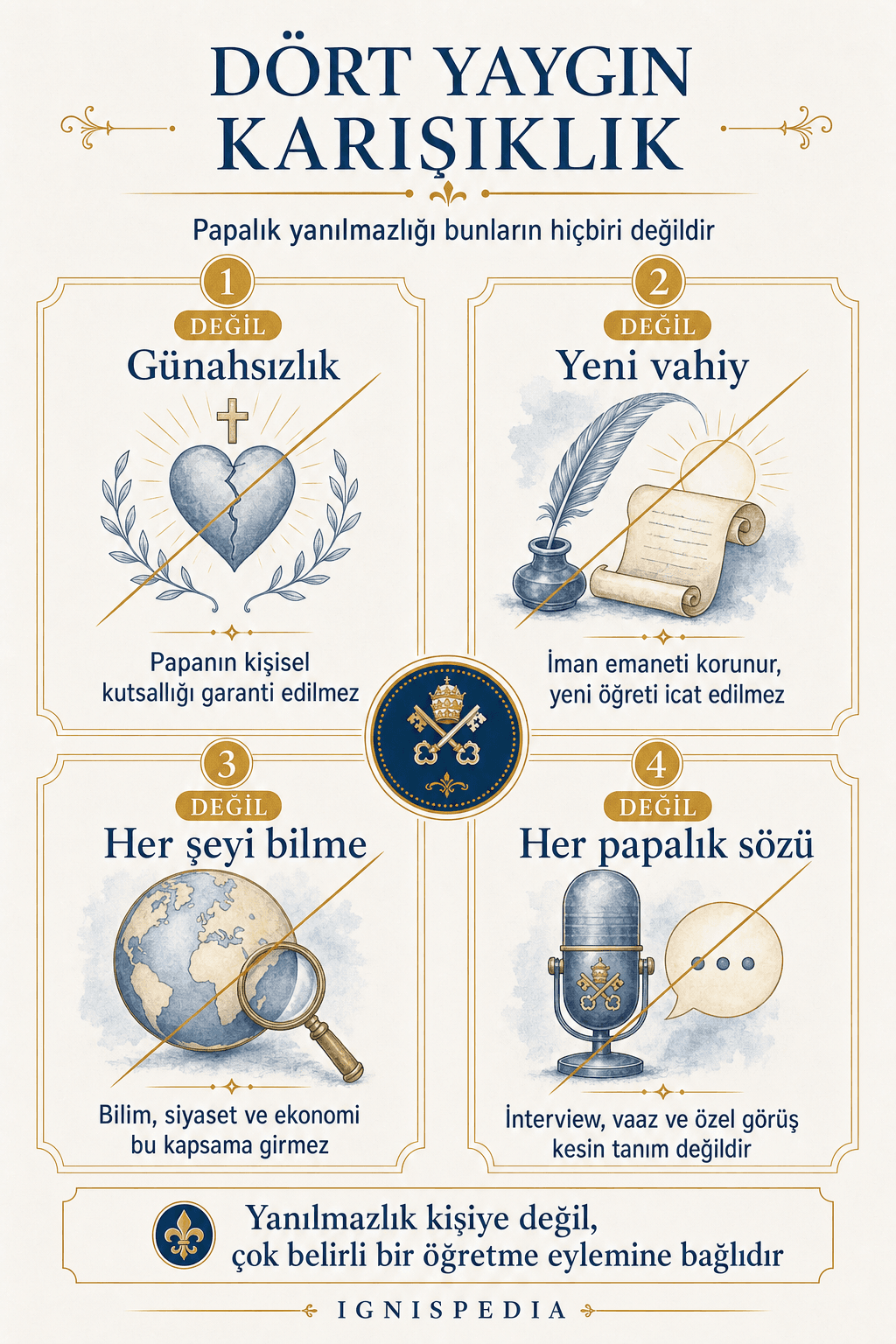 Dört kartlı infografik: günahsızlık, yeni vahiy, her şeyi bilme ve papanın her sözü karışıklıkları çizilerek dışlanır; her biri kısa bir düzeltmeyle açıklanır.