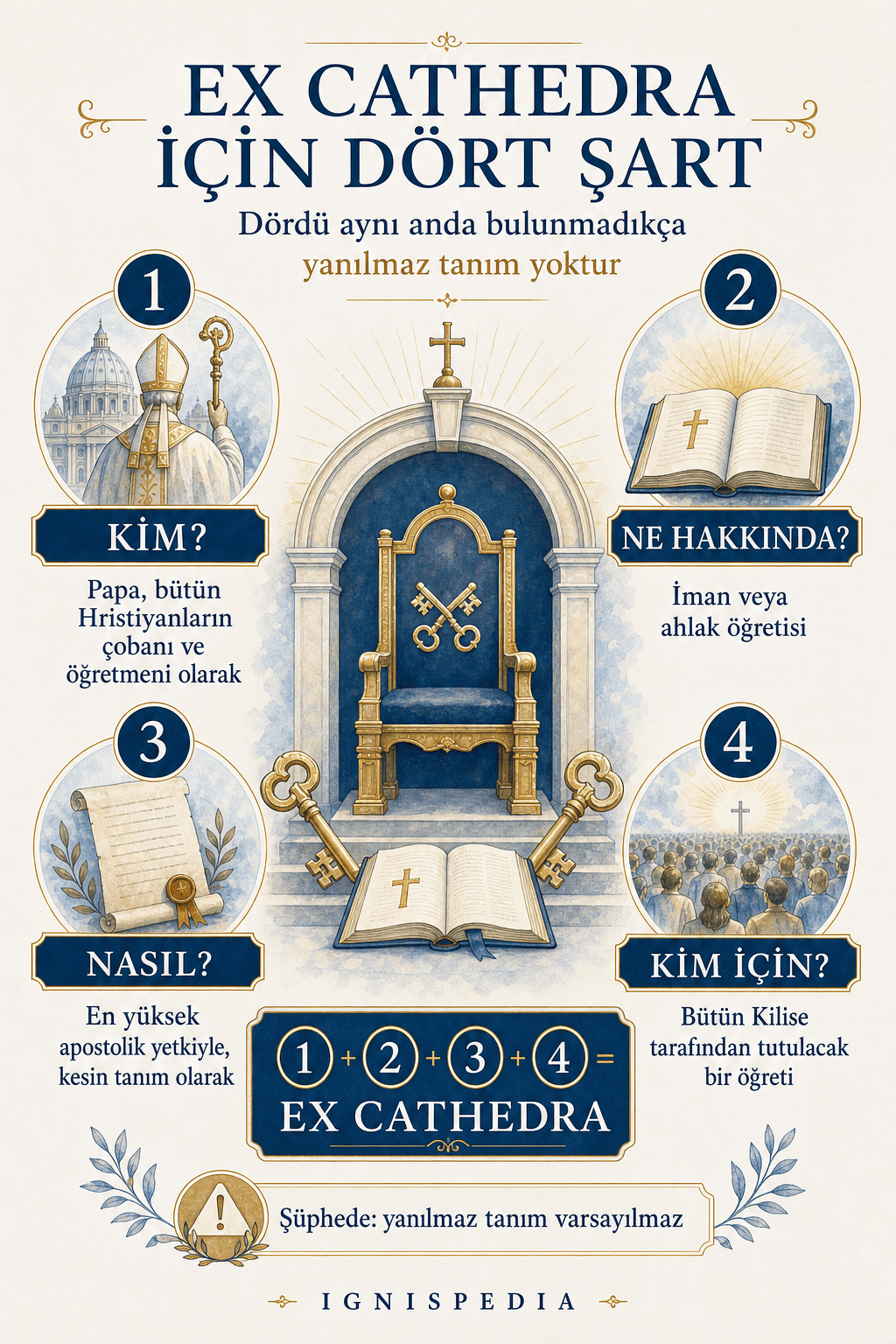 Ex cathedra eyleminin dört birikimli şartını gösteren infografik: kim konuşuyor, ne hakkında, nasıl, kim için; dört şartın aynı anda gerçekleşmesi gerektiği belirtilir.