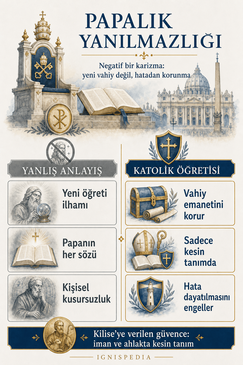 İnfografik iki anlayışı karşılaştırır: solda ilham alan ve hiç hata etmeyen papa yanılgısı, sağda törensel tanımda hatadan korunma şeklindeki gerçek Katolik öğreti.