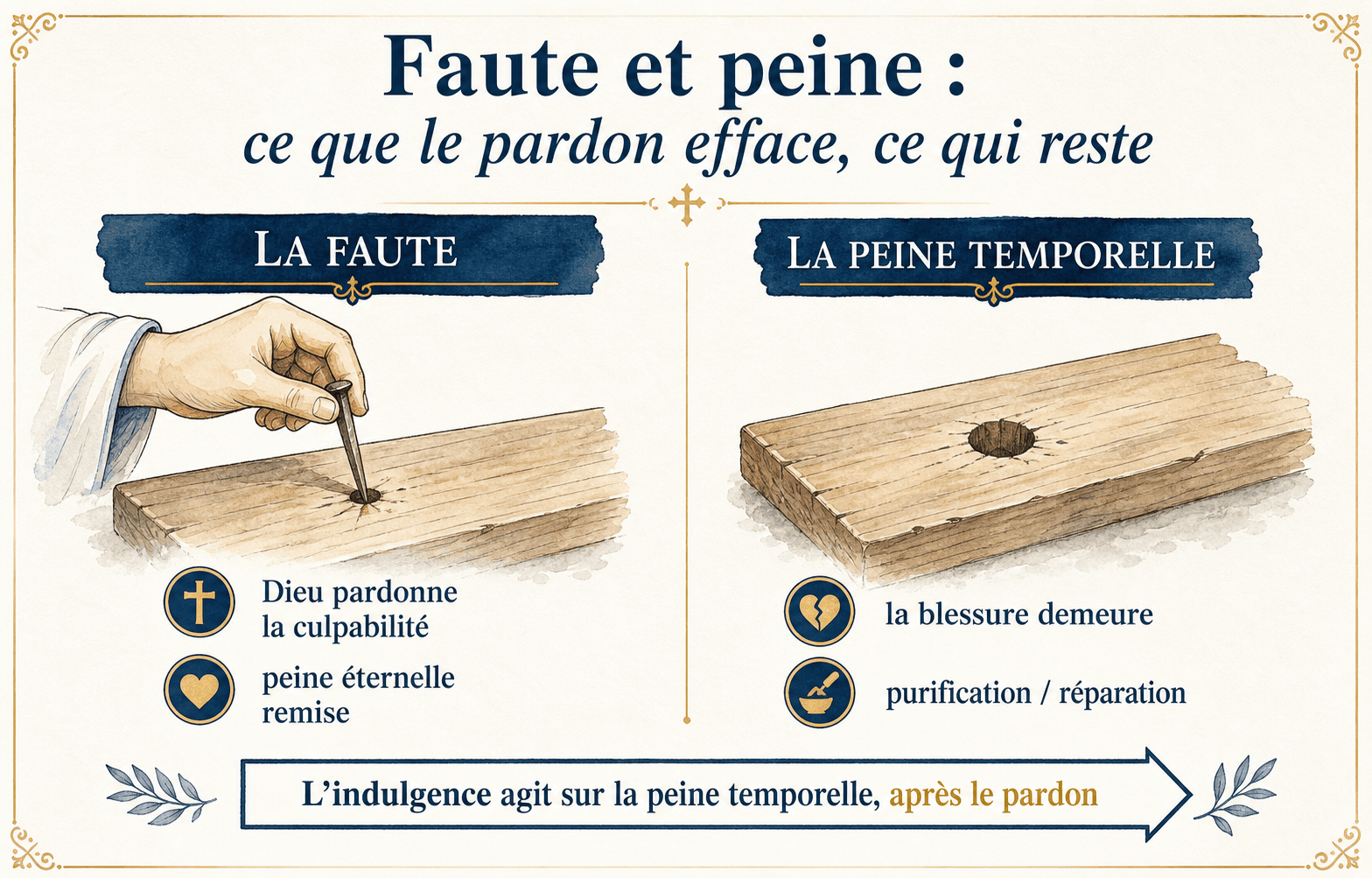 Infographie : distinction entre la faute pardonnée et la peine temporelle qui reste à purifier