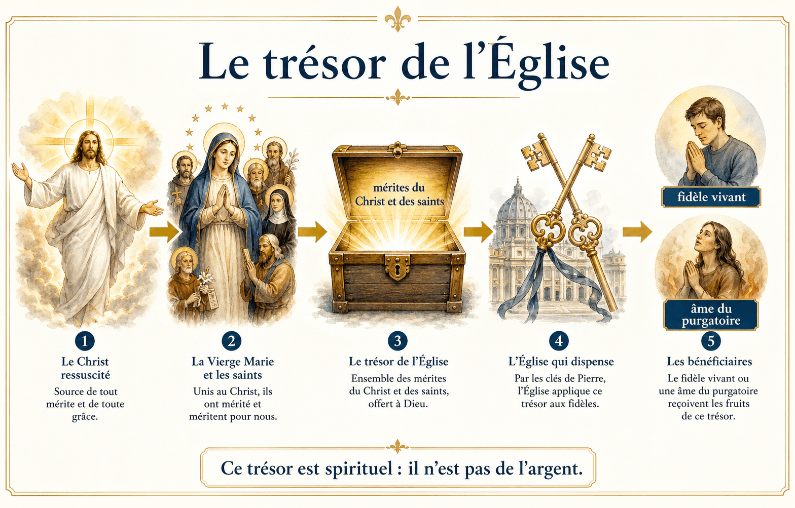 Infographie : le trésor de l'Église, les mérites du Christ et des saints appliqués aux fidèles