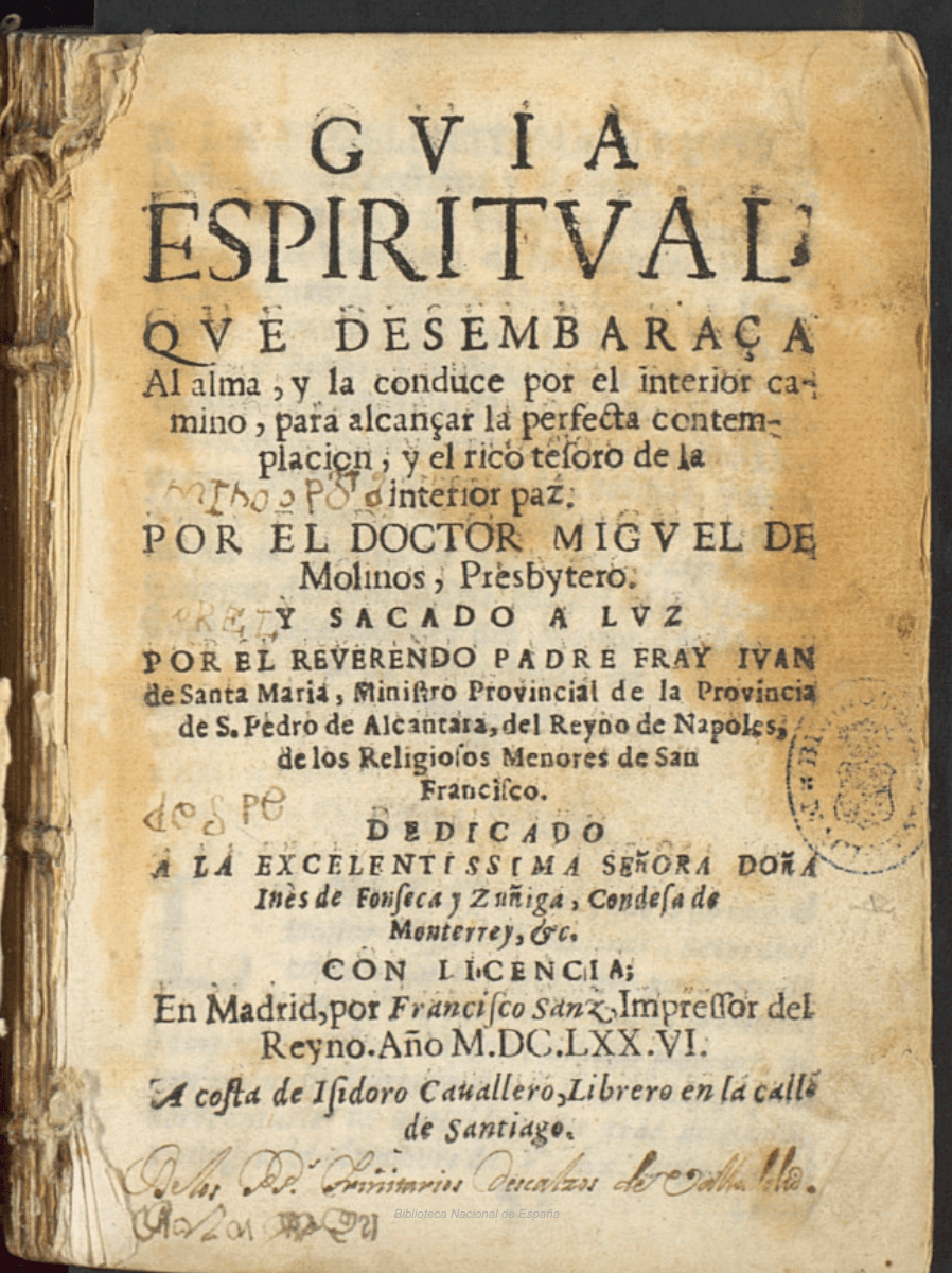 Title page of Miguel de Molinos's Guía espiritual, Madrid edition of 1676