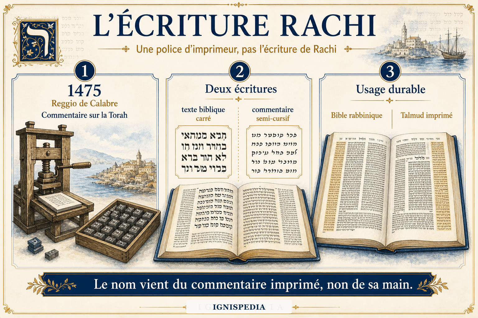 Infographie expliquant l'origine typographique de l'écriture Rachi