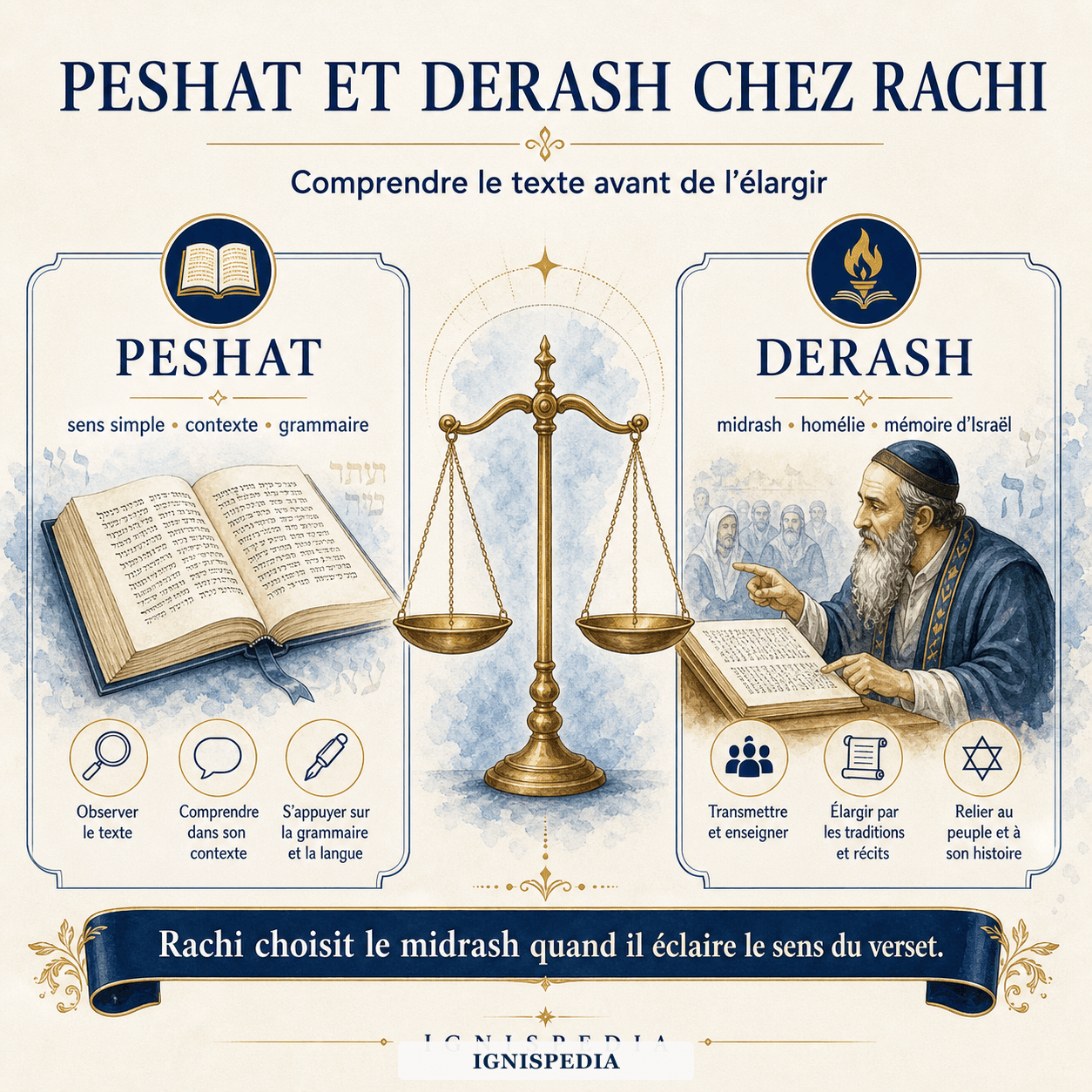 Infographie expliquant la distinction entre peshat et derash dans l'exégèse de Rachi