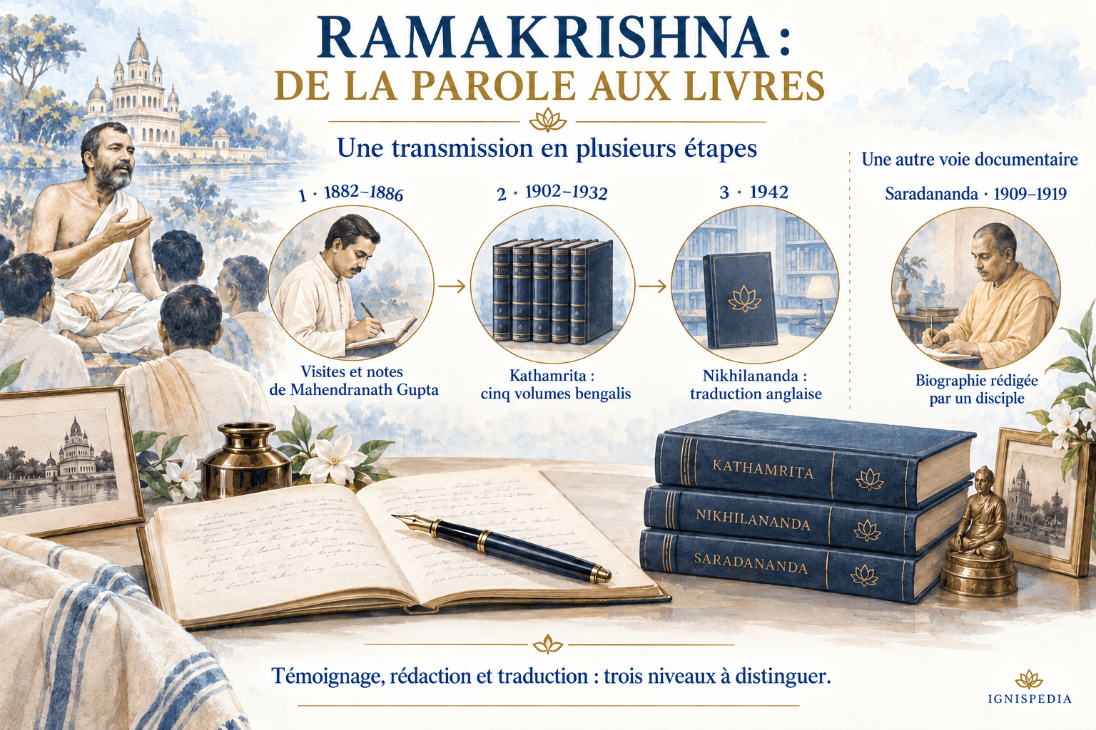 Dalla testimonianza ai libri: appunti di Gupta, Kathamrita, traduzione di Nikhilananda e biografia di Saradananda