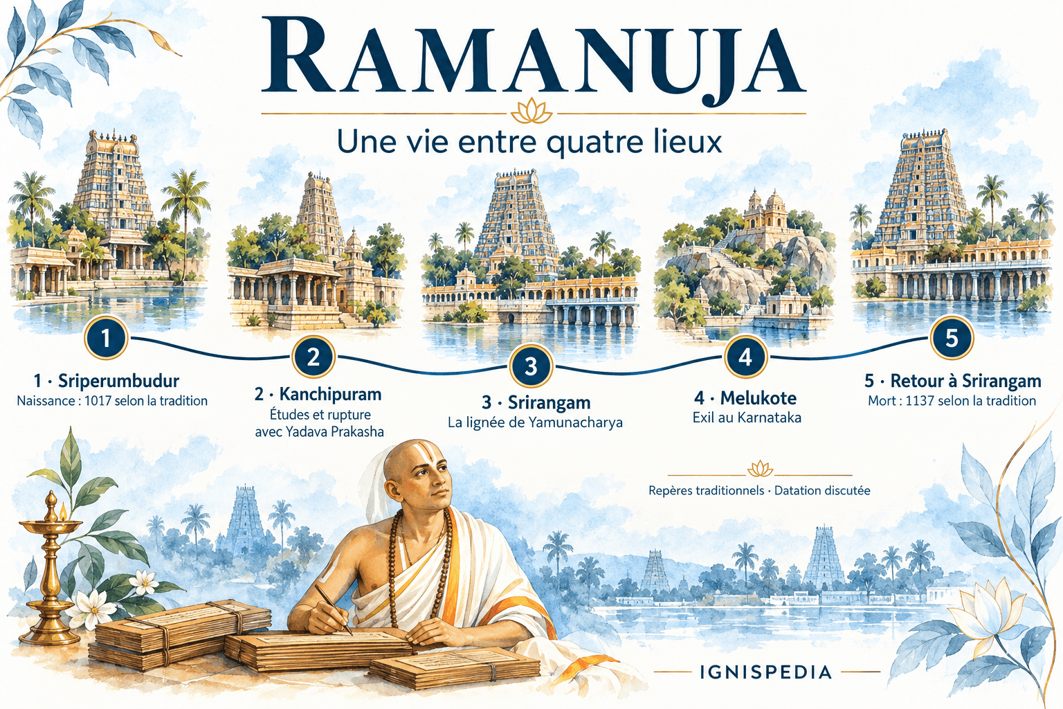 Parcours schématique de Ramanuja : Sriperumbudur, Kanchipuram, Srirangam, Melukote et retour à Srirangam