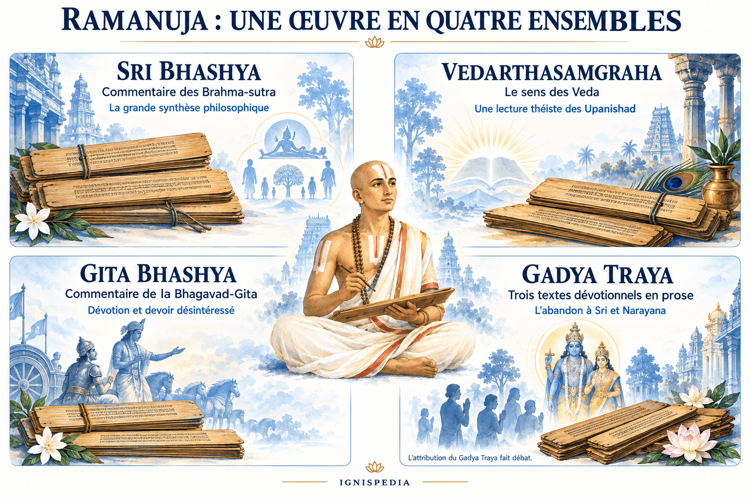 Quatre ensembles de l’œuvre attribuée à Ramanuja : Sri Bhashya, Vedarthasamgraha, Gita Bhashya et Gadya Traya