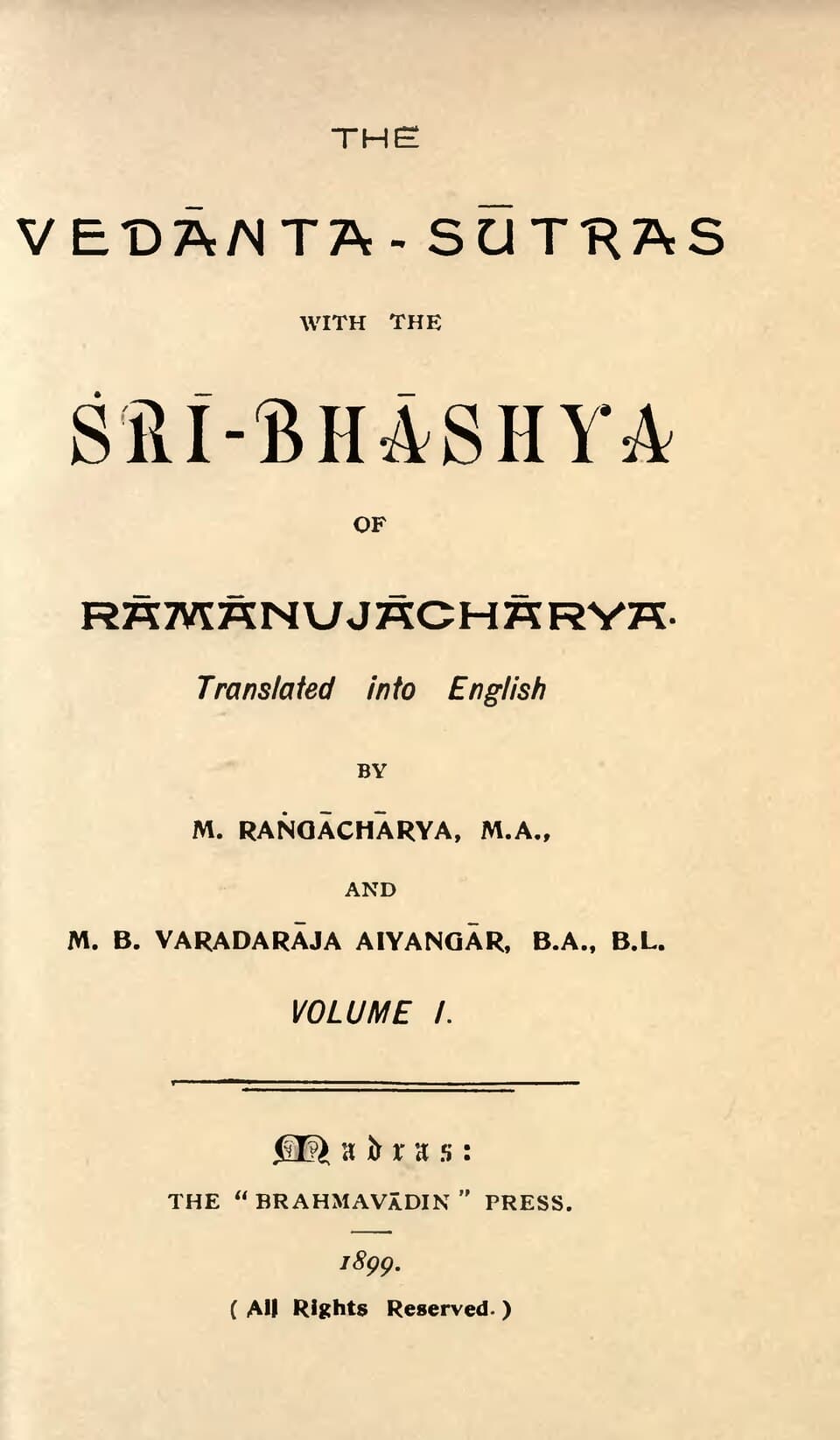 Sri-Bhashya'nın 1899 Madras İngilizce çevirisinin başlık sayfası