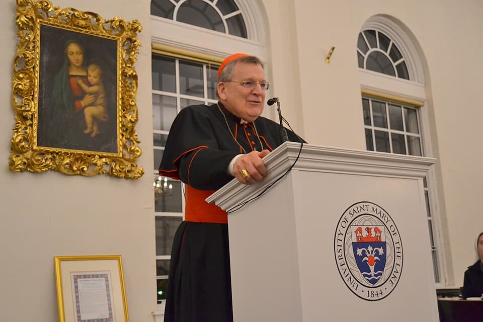 Le cardinal Raymond Burke au pupitre, en vêtements de chœur, lors d'une conférence en avril 2015