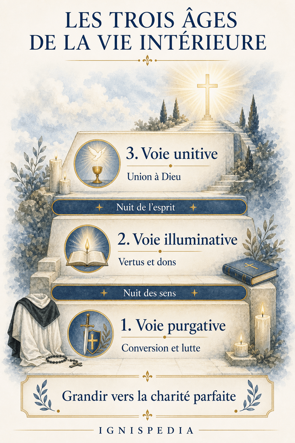 Infographie des trois âges de la vie intérieure : voie purgative, illuminative et unitive.
