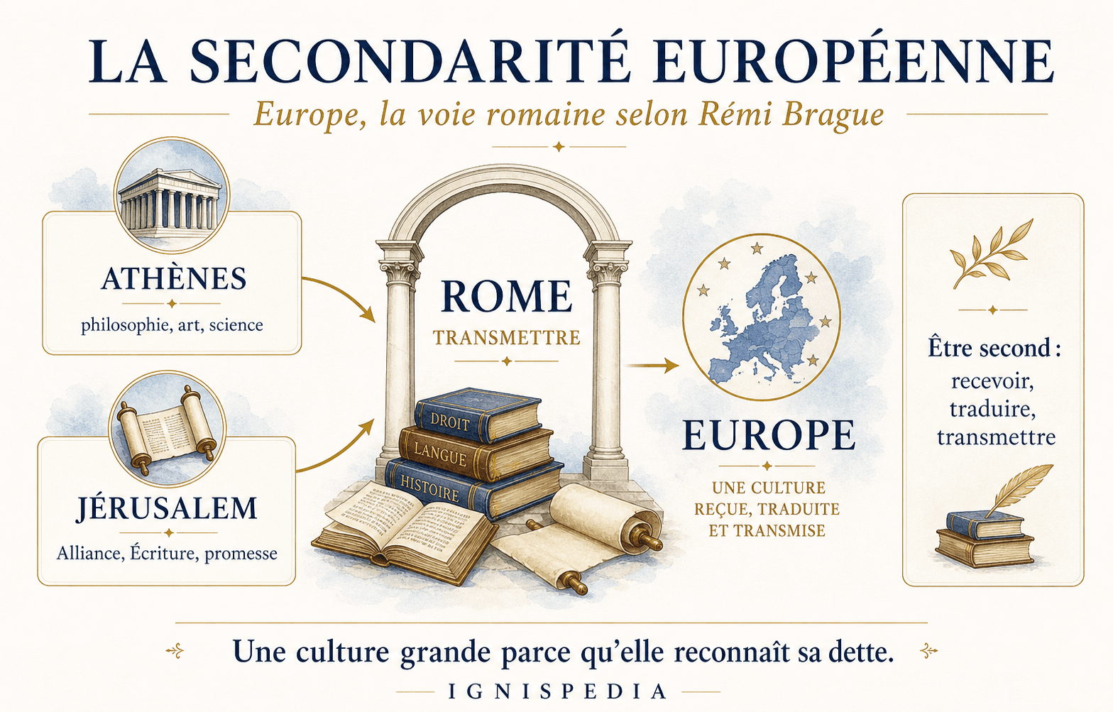 Schéma de la secondarité européenne chez Rémi Brague : Athènes, Jérusalem, Rome et Europe