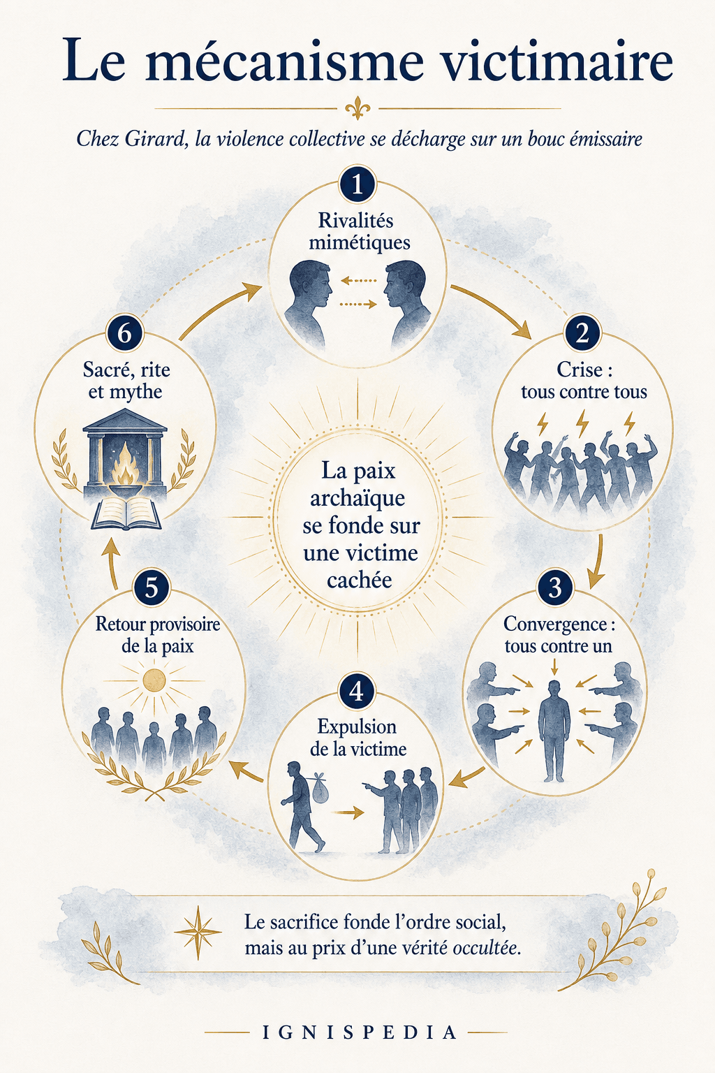 Circular infographic of the victimary mechanism in René Girard: mimetic rivalries, crisis, convergence against one, expulsion, provisional peace, sacred rite and myth.