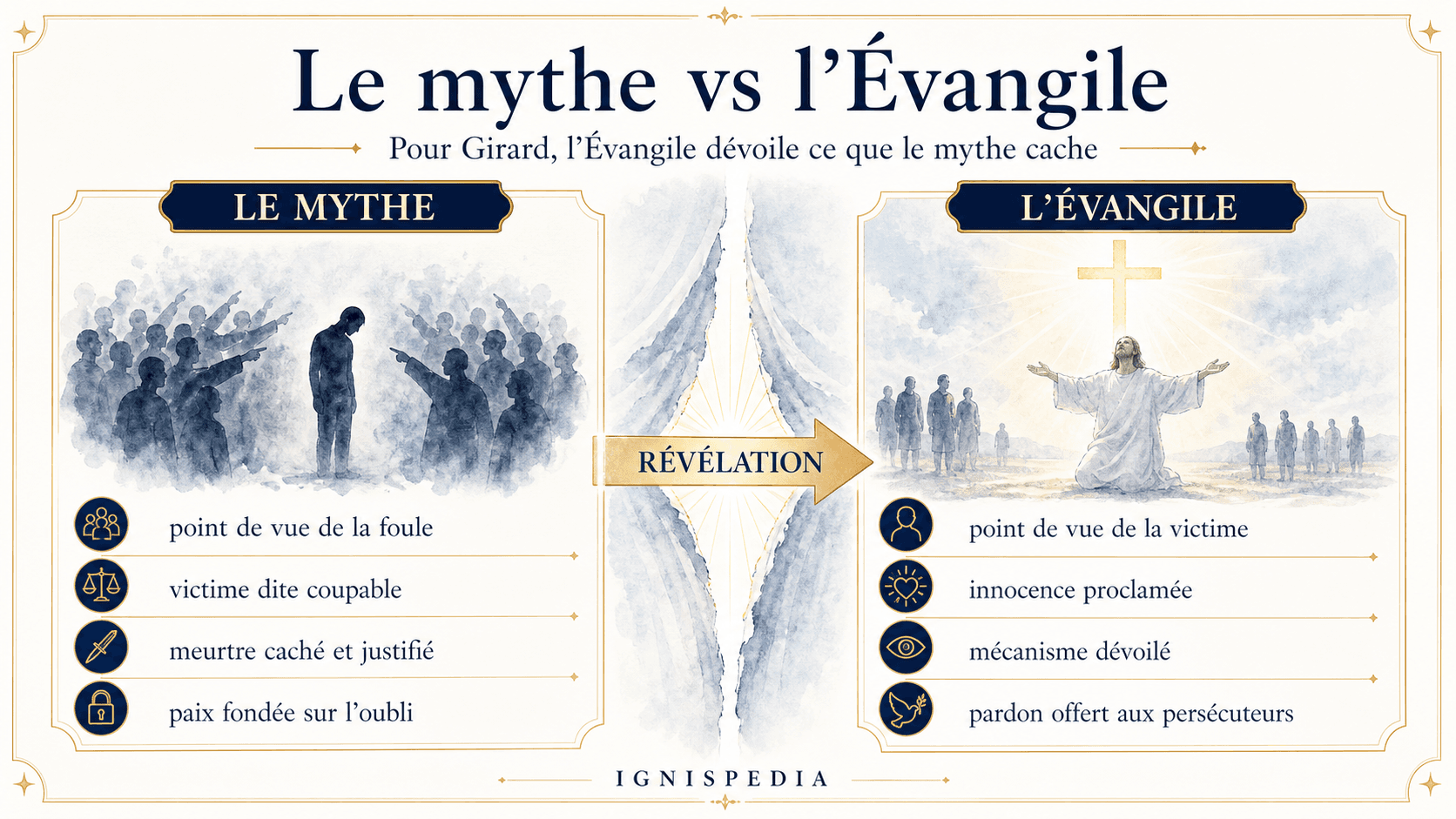 Comparative infographic between myth and Gospel in René Girard: the standpoint of the crowd versus the standpoint of the victim.