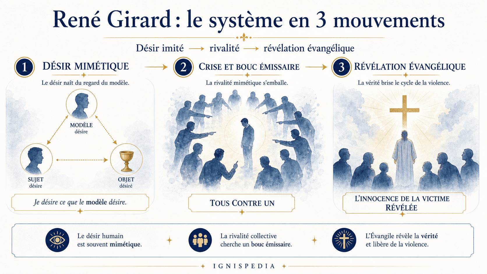 Ignispedia infographic summarising René Girard's system in three movements: mimetic desire, scapegoat crisis, evangelical revelation.